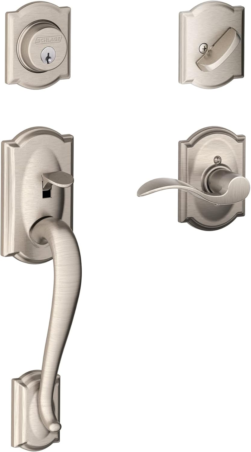 Schlage F60 V CAM 716 ACC Camelot Front Entry Handleset with Accent Lever, Deadbolt Keyed 1 Side, Aged Bronze