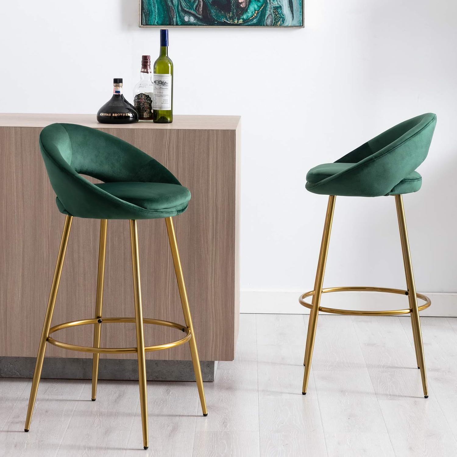 HAIQUN CIMOTA Velvet Pink Bar Stools Set of 2, Modern Tufted Barstools 30 Inch Bar Height Chairs with Open Back/Footrest Kitchen Stools for Island/Home Bar/Dining Room/Kitchen