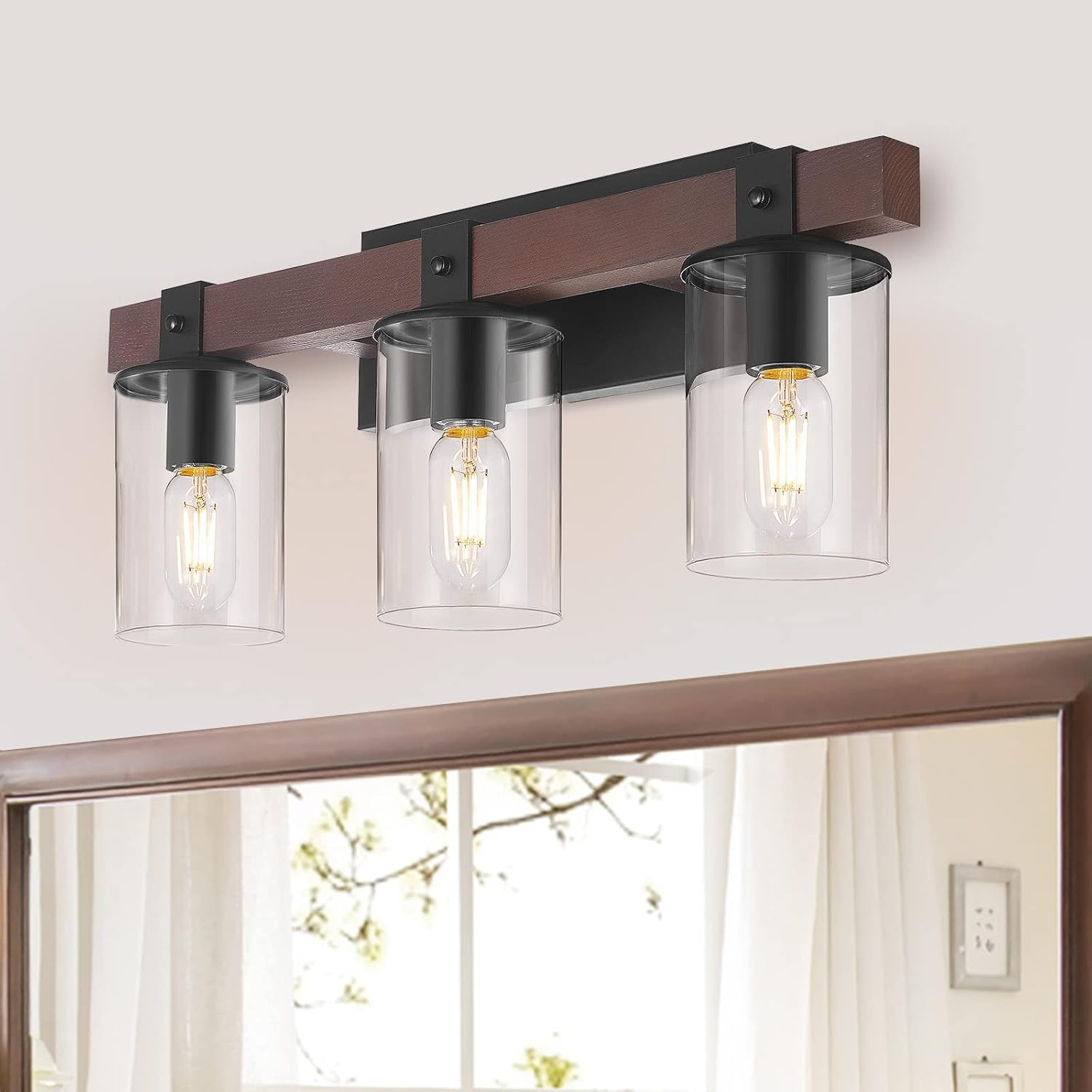 Rustic Vanity Light,3-Light Industrial Wood Finish Farmhouse Bathroom Lighting,Clear Glass and Black Metal Base Wall Sconce Lighting Fixtures.