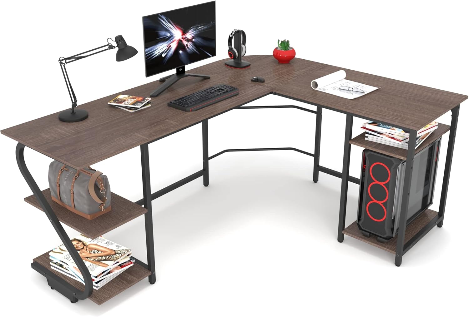 Gezen L Shaped Desk with Storage Shelf Reversible Gaming Desk Corner Computer Desk for Home Office, Spacious Laptop Table Saving Space PC Workstation,Teak