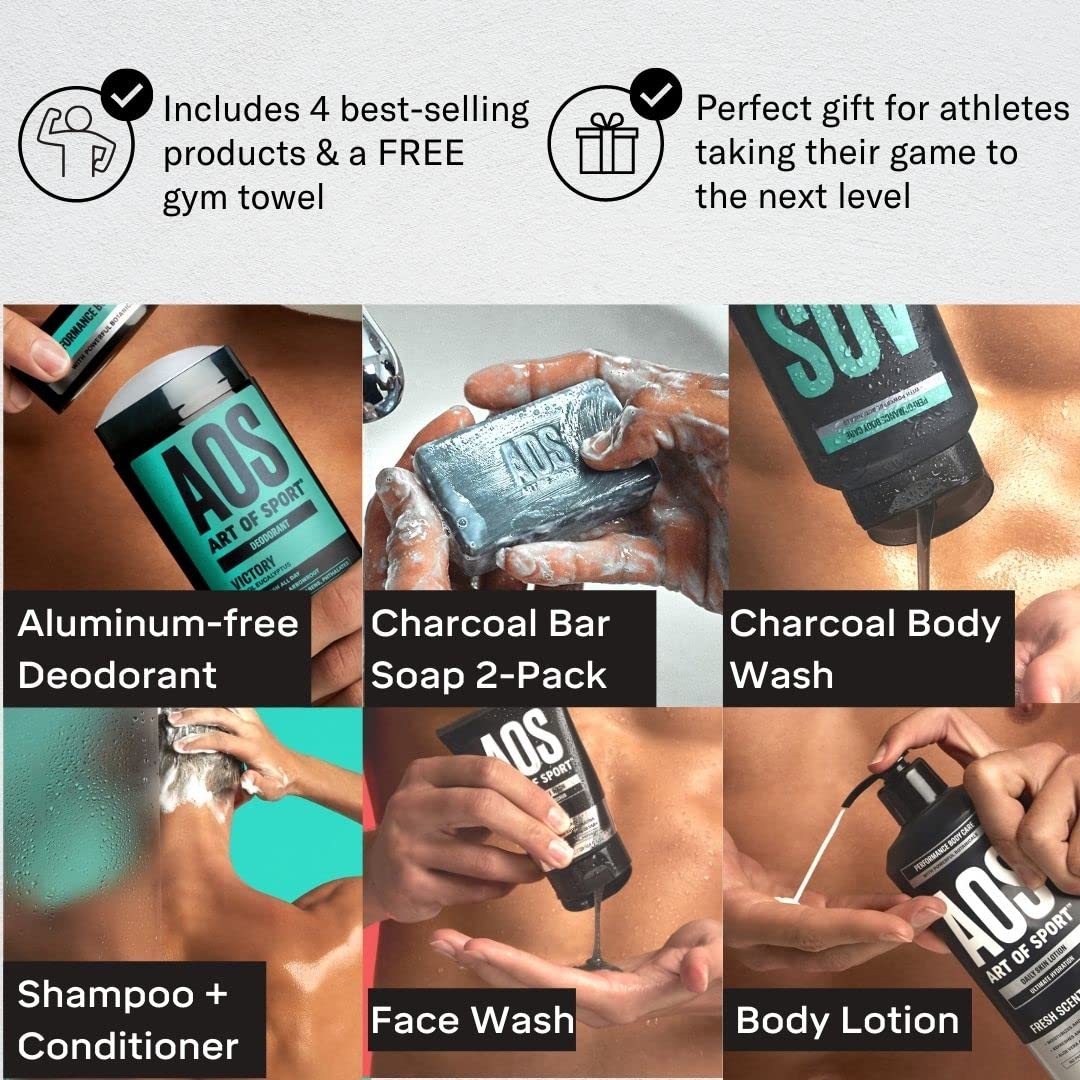 Art of Sport Total Routine Kit - Gift Set for Gym, Shower, College - 7pc Men's Body Care Set with Aluminum-Free Deodorant, Charcoal Body Wash, 2-in-1 Shampoo, Bar Soap, Lotion, Face Wash & Gym Towel Pack of 2