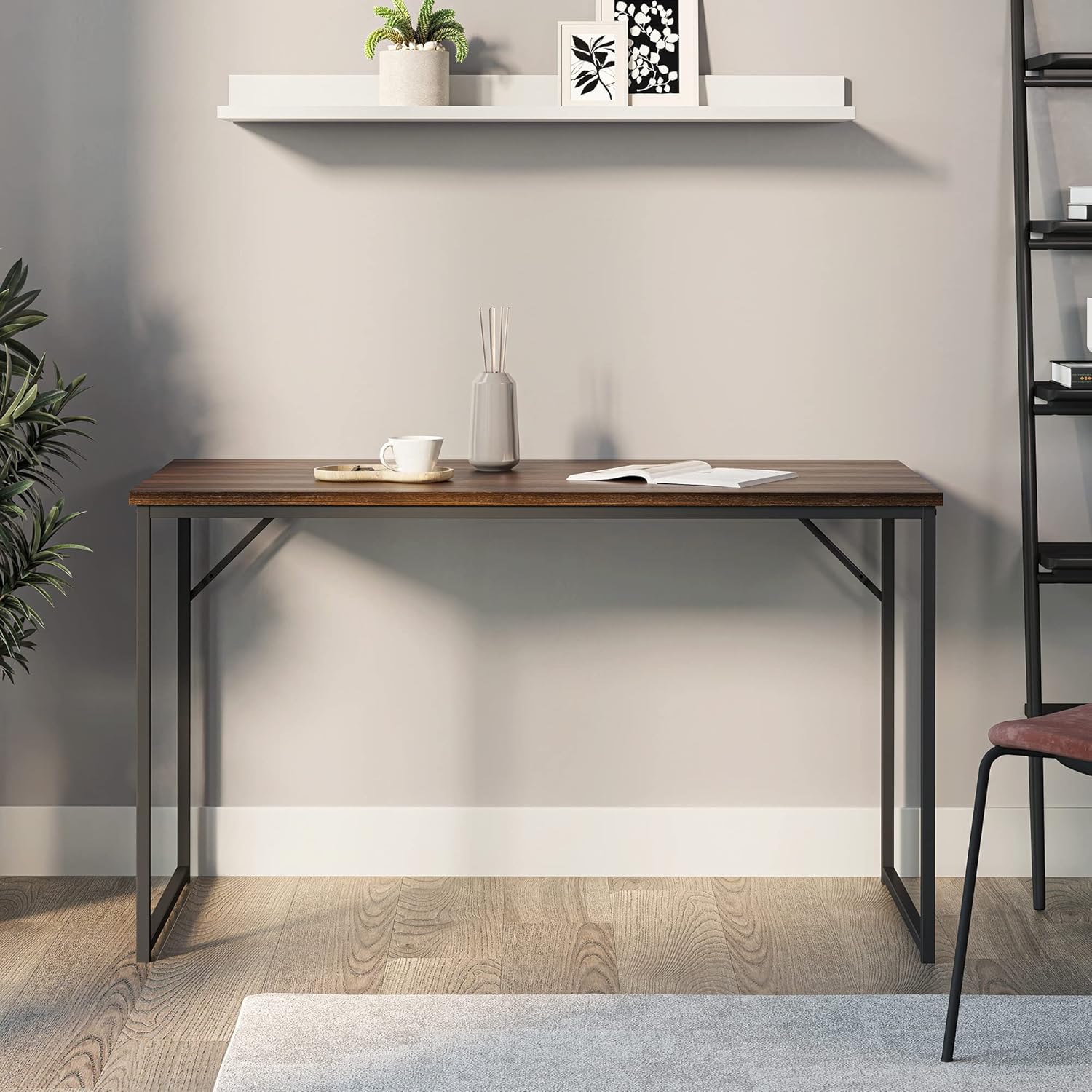 BELLEZE Modern Home Office Computer Laptop Writing Desk or Study Table Workstation with Simple Design, Wood Top, and Black Metal Frame - Barton (Dark Walnut) Pack of 2