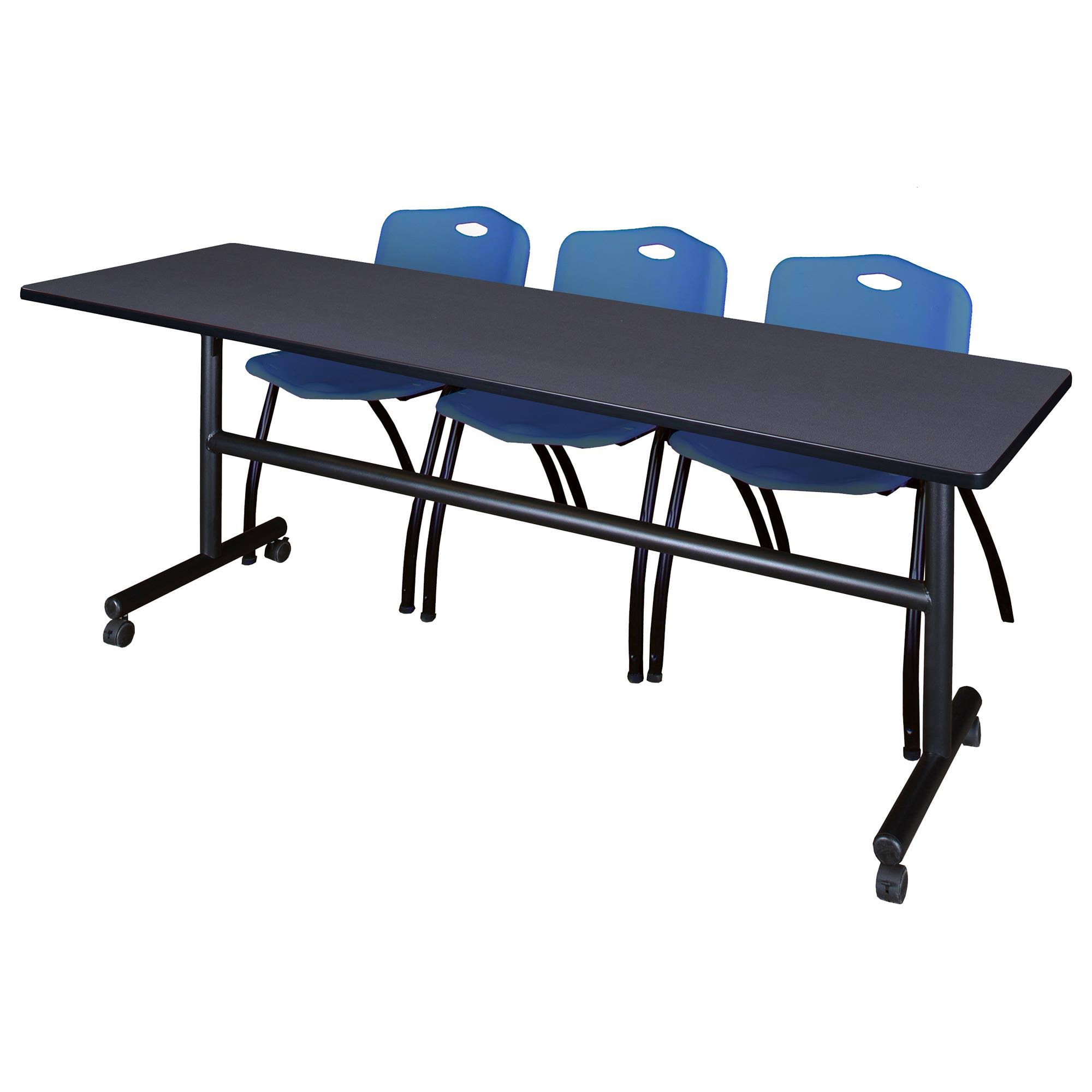 Kobe 84x22 Flip Top Mobile Training Table- Grey u0026 3 &M& Stack Chairs- Blue