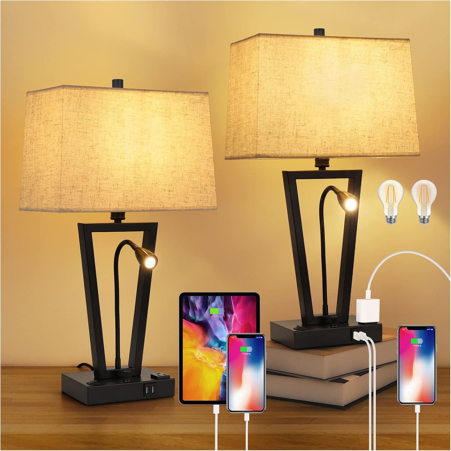 Dimmable Table Lamps for Living Room Set of 2 Bedside Lamps with USB Port and AC Outlet, Nightstand Lamps with LED Flexible Gooseneck Reading Lamp Bedside Table Lamp Desk Lamps, Free Bulbs Included