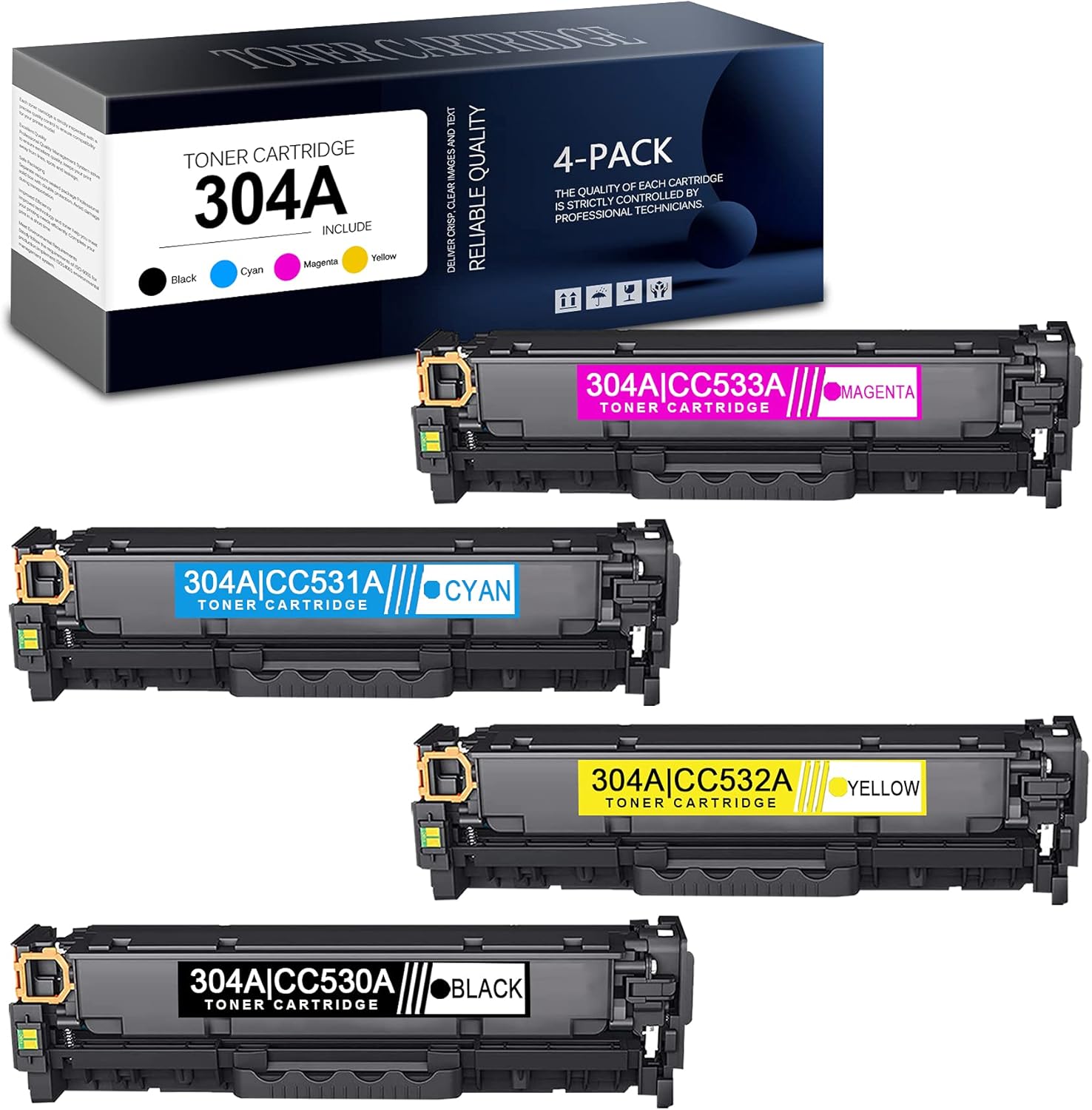 Compatible 304A CC530A/CC531A/CC533A/CC532A Remanufactured Toner Cartridge Replacement for HP Color CP2025 CP2025n CP2025dn CP2025x CM2320n MFP Printer (1Black+1Cyan+1Magenta+1Yellow)