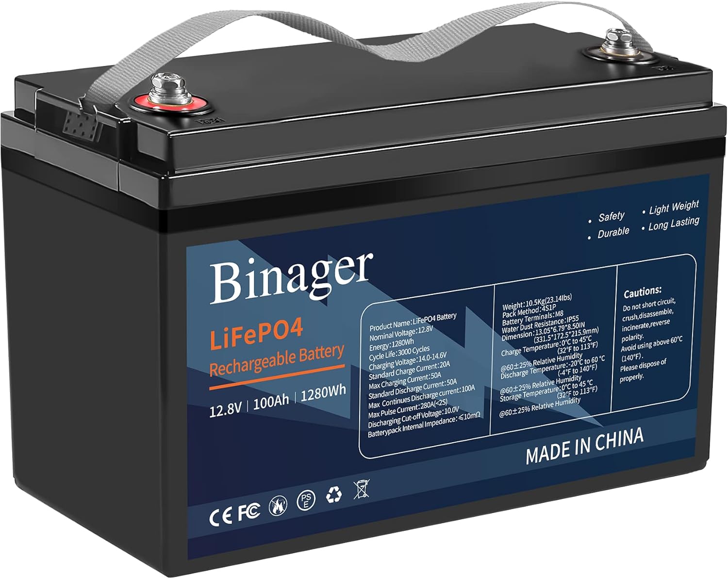 Binager 12v 100ah Lithium Battery, Deep Cycle Battery, Lithium iron Phosphate Battery, 100ah Lifepo4 Battery, Perfect for Off-grid Applications, Car, Camping, Back Up Power