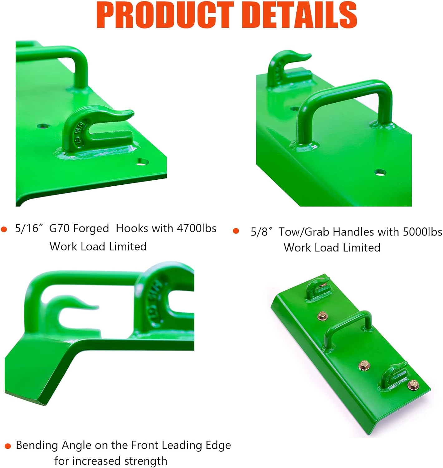 OneChoi Tractor Bucket Hooks, Bolt on Hooks, 5/16” Grab Hooks G70 Forged Steel, 5/8” Tow/Grab Handles, Tow Hook Bolts with 60 ° Curved Edge for John Deere Bucket (Standard Duty Bucket 1.5“ Bolt) Pack of 2