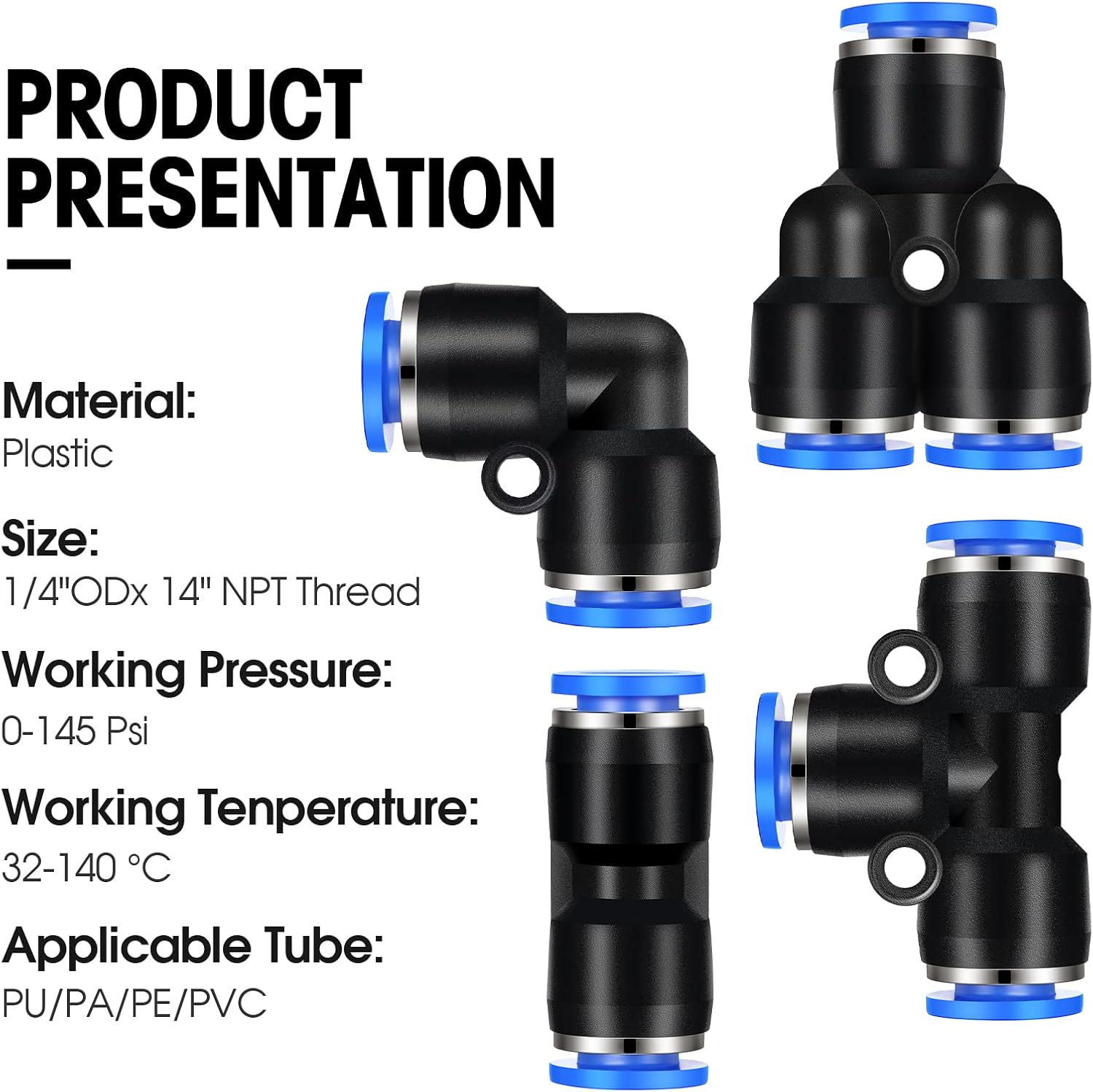 60 Pieces Push Air Fittings Include 1/4 Inch OD Push to Connect Fittings Pneumatic Fittings Kit with 1 Black 1/4 Inch OD Nylon Air Tubing, 15 Spliters 15 Elbows 15 Tee 15 Straight