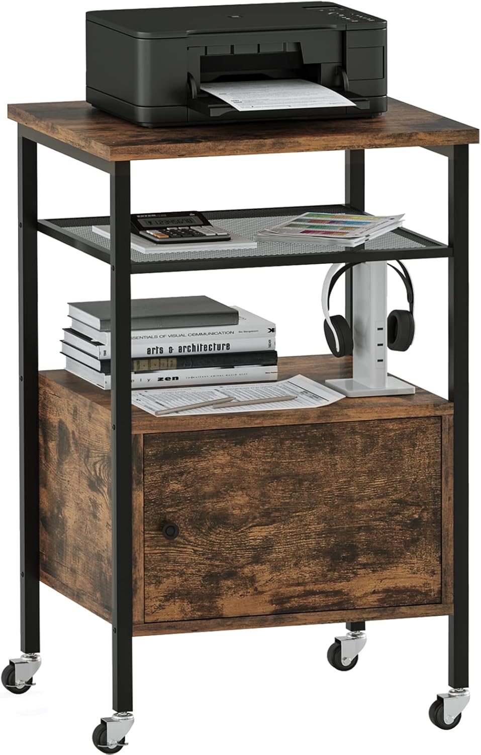 VIAGDO Home Printer Stand with Storage Shelves, 4-Tier Printer Cart on Wheels, Rolling Printer Table Stand for Home Office Small Spaces Organization, Industrial Style, Rustic Brown and Black
