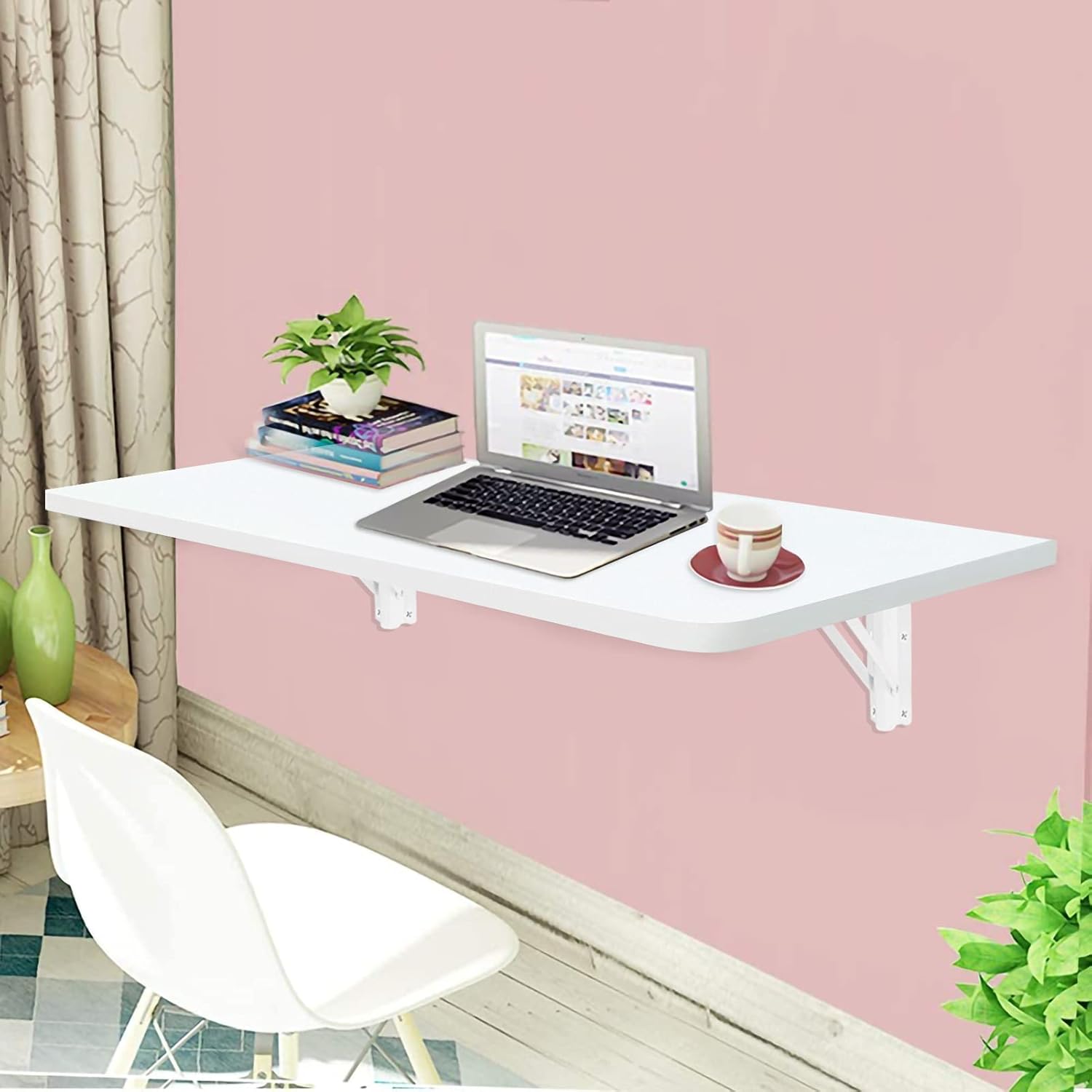 LiangDong Wall Mounted Floating Folding Computer Desk 66lbs Weight Capacity Wooden Table WhiteHome Office PC Table (White) Pack of 2