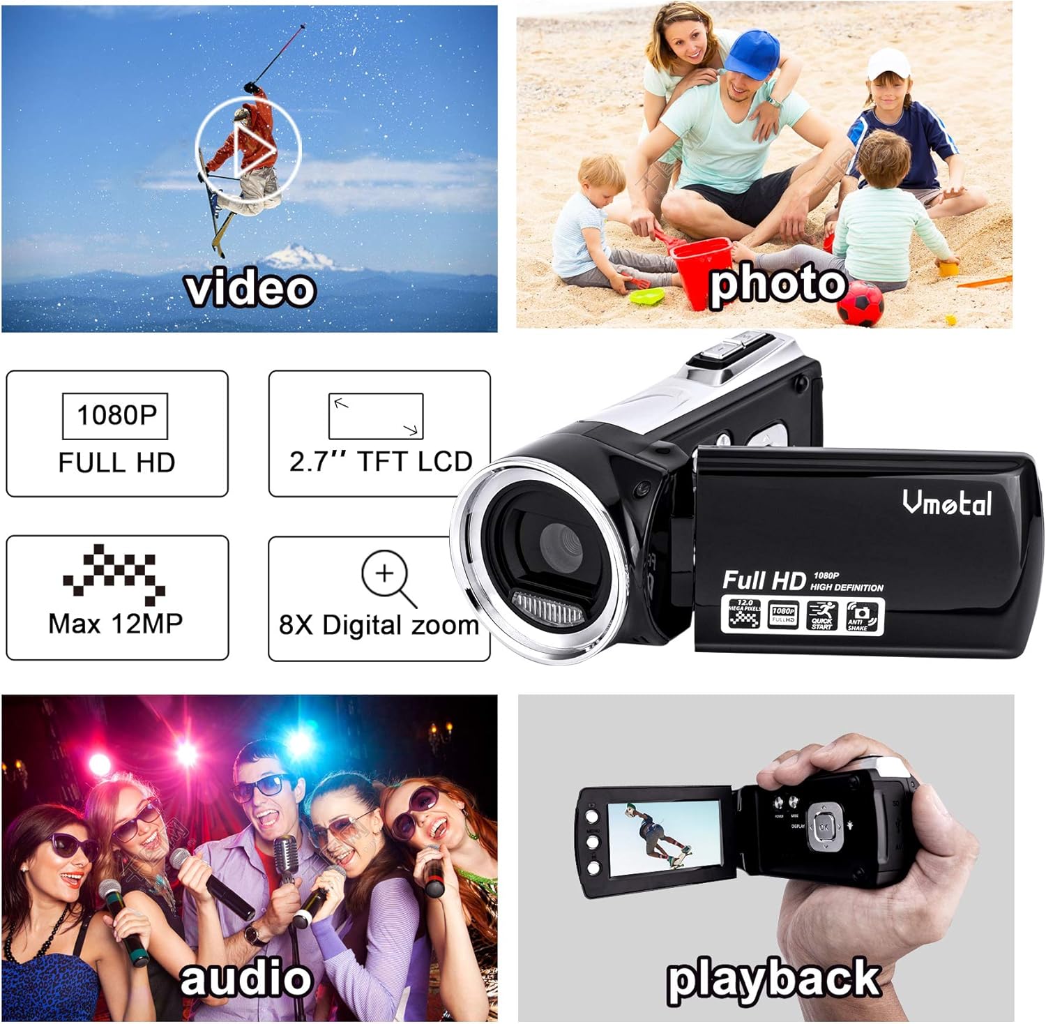 Video Camera Camcorder for Kids 1080P Full HD Digital Camera Recorder 12MP 2.7 Inch 270 Degree Rotation LCD 8X Digital Zoom Video Camcorder for Kids Teens Children Beginners Seniors Gift Pack of 2