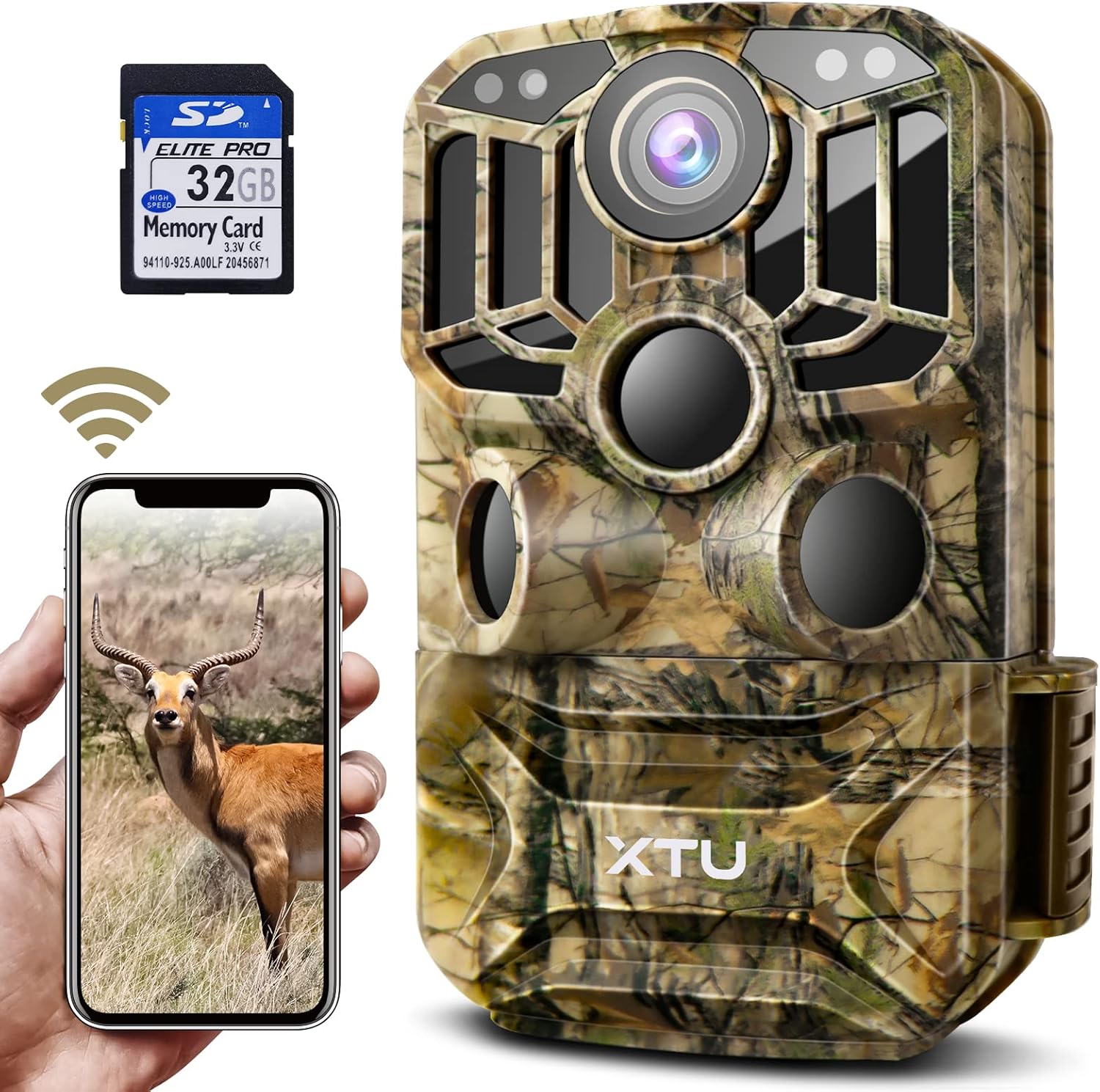 Trail Camera, XTU Hunting Camera Wi-Fi Bluetooth 32MP 1296P Fast 0.2S Trigger Speed Motion Activated 150ft Night Vision IP66 Waterproof