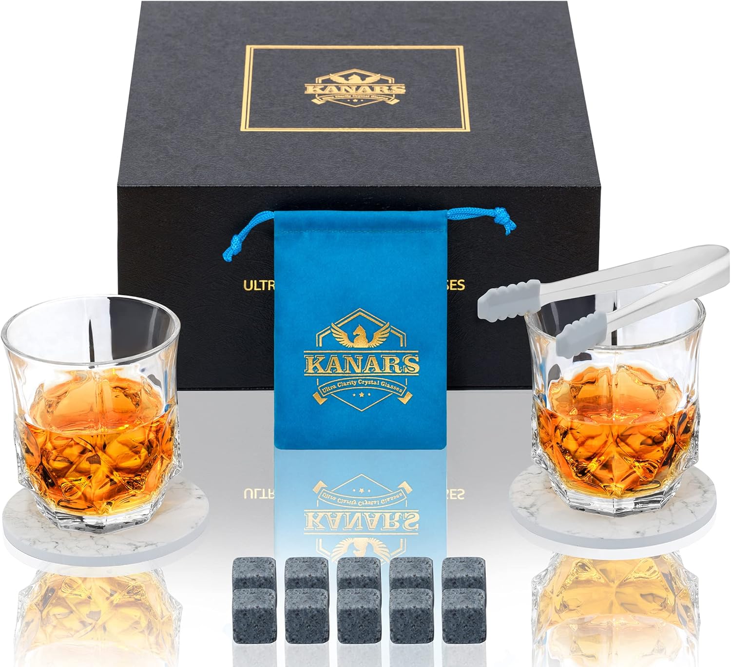 Whiskey Glasses Gifts for Men, KANARS 10 Oz Scotch Glasses With Granite Rocks Chilling Stones In Luxury Box, Bourbon Whisky Gifts for Men Father's Day Pack of 2