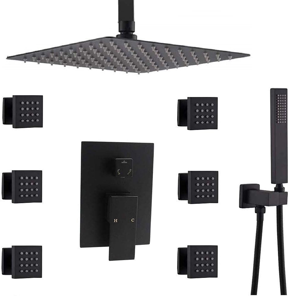 Enga Rain Shower System with Jets 12 Inch Square Rain Shower Mixer Faucet Combo Set, Black