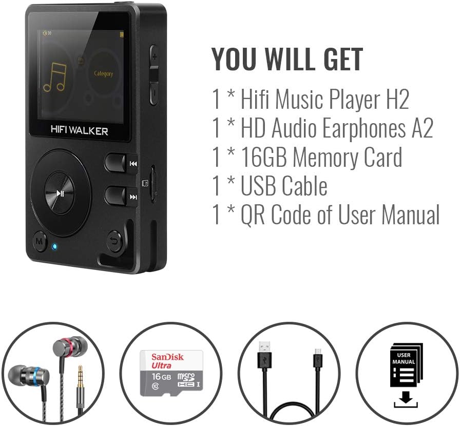 HIFI WALKER H2, High Resolution Bluetooth MP3 Player, DSD DAC OTG, Portable Digital Audio Music Player with Memory Card and HD Earphones, Support Up to 256GB