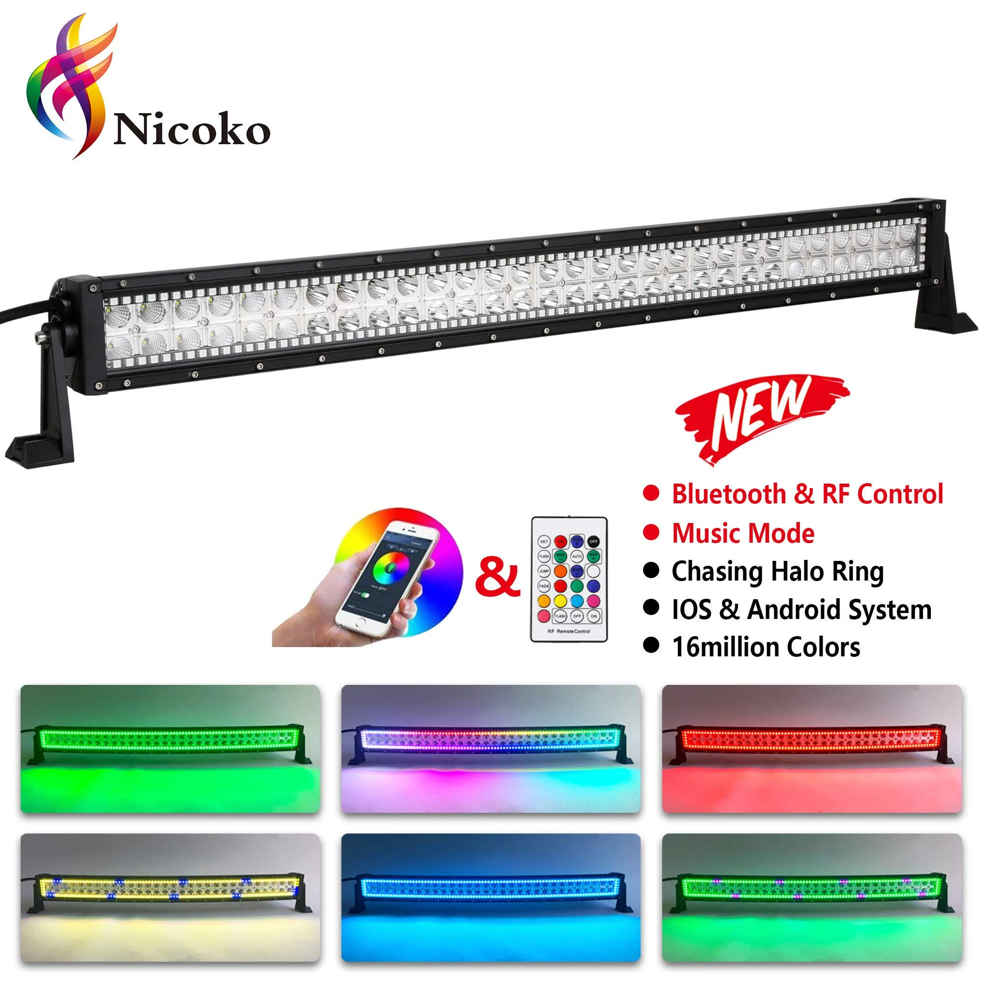 Nicoko 32inch 180W Straight Offroad LED Light Bar with Chasing RGB Halo 10 Solid Colors Over 72 Modes Backlighting Decoration Dr