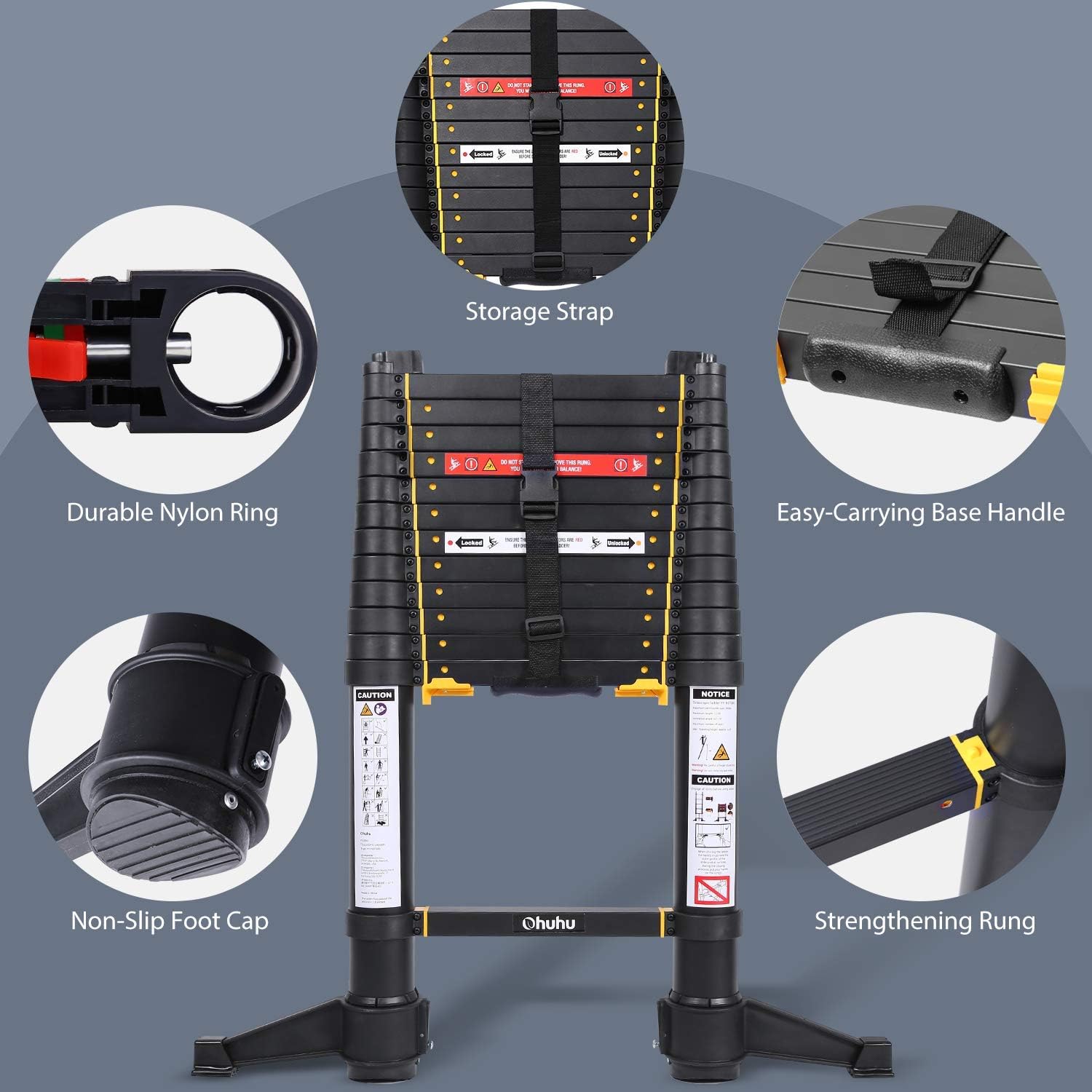 Ohuhu 12.5 FT Premium Aluminum Telescoping Ladder for Home, ONE-Button Retraction ANSI Certified Patented Extension Ladder, Deluxe Black Heavy Duty Collapsible Telescopic Ladders, 330 Pound Capacity