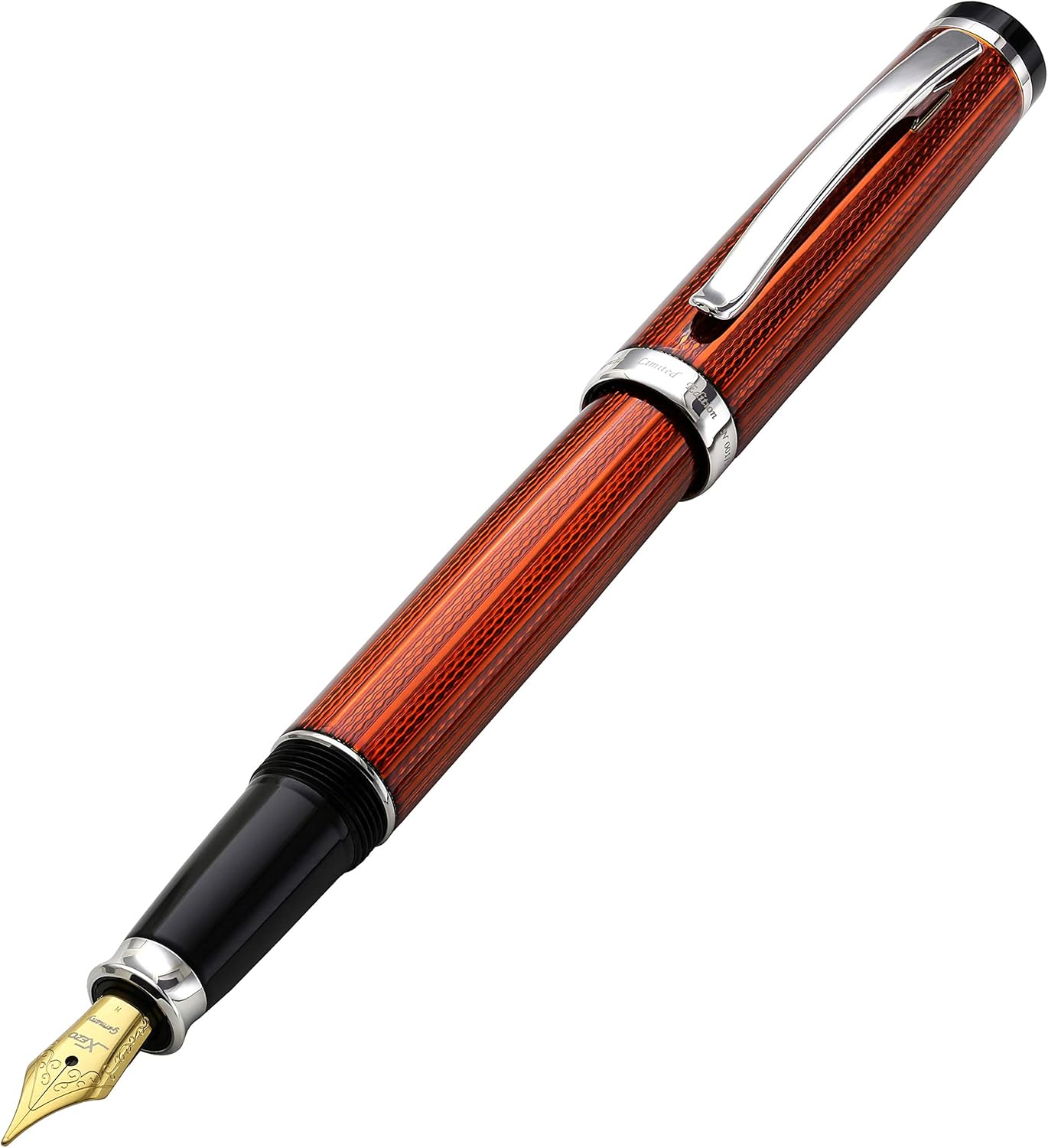 Xezo Incognito Fountain Pen, Medium Nib. Sunstone Orange Lacquer with Pure Platinum Plating. Handcrafted, Limited Edition, Serialized