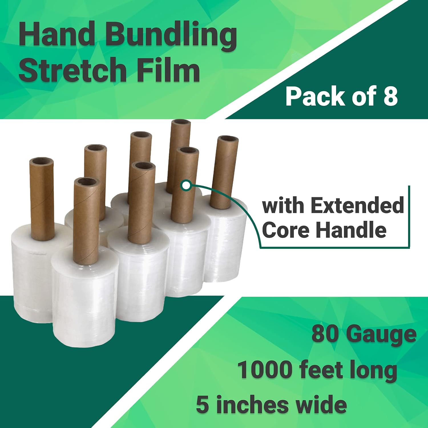 IDL Packaging 5”x 1000’ Stretch Wrap Mini Roll of 80 Gauge with Extended Cardboard Handle (Pack of 8 Rolls) – Extra Sticky Clear Plastic Wrap Film – Great for Moving and Office Needs Pack of 2