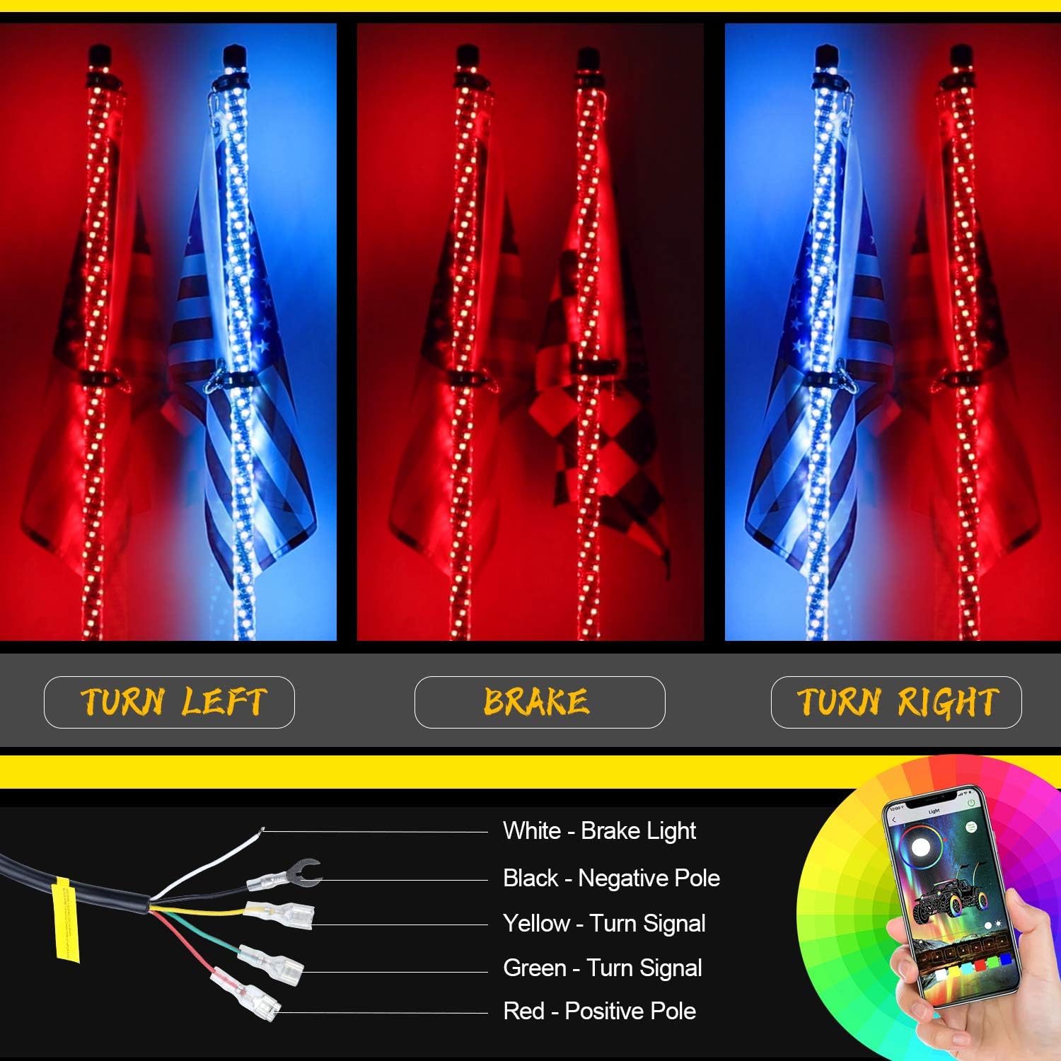 Yiswhis Seamless Spiral Wrapped 2PCS 4FT(1.2M) Lighted Whips with Dacning/Chasing and Can Controlled by Remote and app Simultaneously with Lock Function