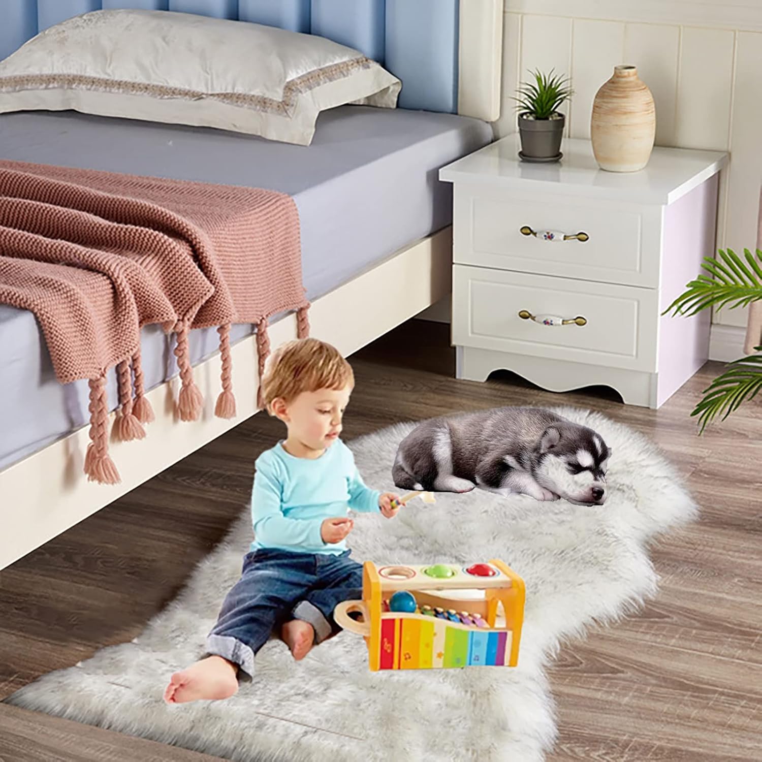 Dog Bed Rug Faux Fur Dog Mats, Machine Washable Orthopedic Travel Dog Beds, Luxurious Dog Crate Mat for Medium Large Small Dogs. Fluffy Dog Kennel Pad Mattress, Puppy Pet Rugs, Fur Dog Cushion