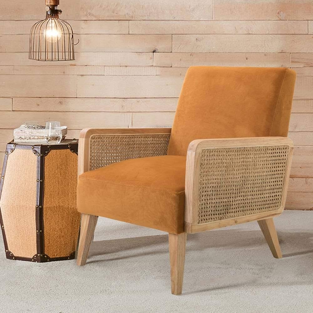 Jayden Creation Delphine Yellow Natural Legs Cane Accent Chair