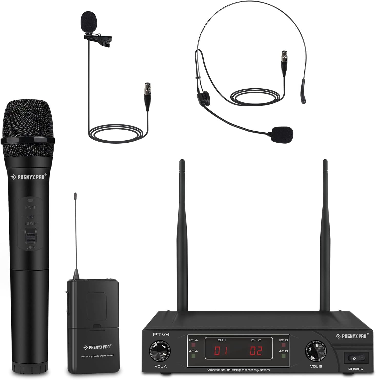 Wireless Microphone System, Phenyx Pro VHF Cordless Mic Set with 1 Handheld+1 Headset+1 Lapel+1 Bodypack, Stable Signal, Long Range, Best for Presentation, Interview, Church, Wedding,Events (PTV-1B)