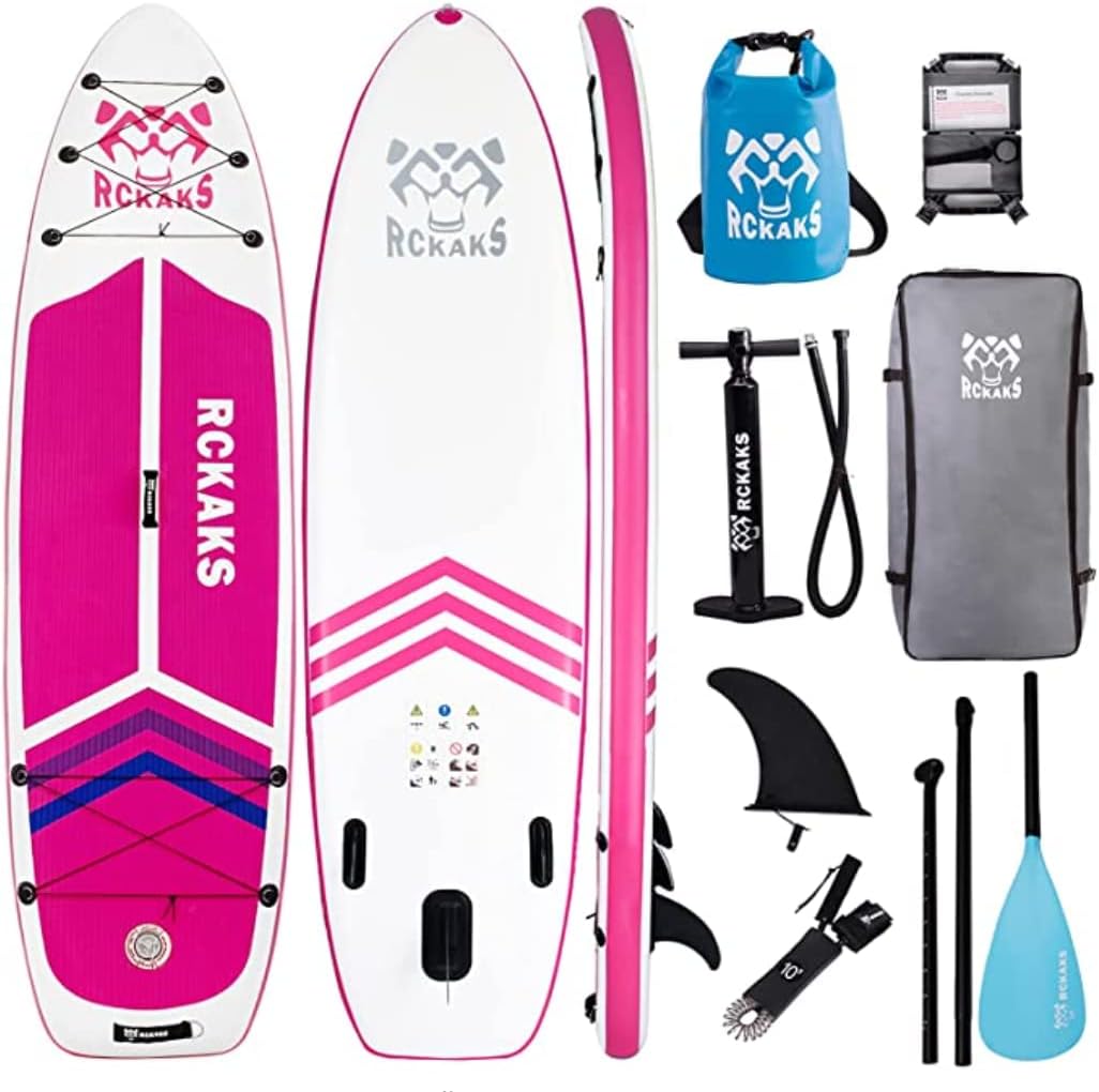 RCKAKS Inflatable Stand Up Pink Paddle Board, Ultra-Light Board with Premium Accessories Backpack、Fins、Adjustable Floating Paddle、Wide Non-Slip Deck、Double Action Pump