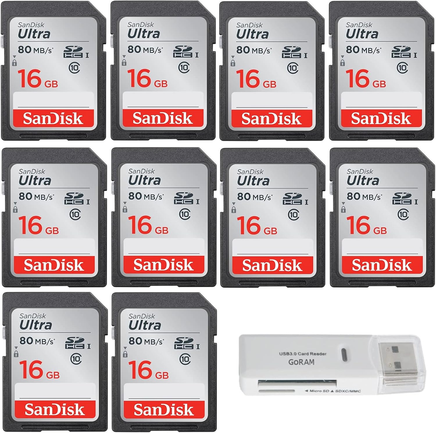 SanDisk 16GB (10 Pack) Ultra Class 10 SDHC 80MB/s UHS-I Memory Camera Card SDSDUNC-016G-GN6IN Bundle with (1) GoRAM USB 3.0 Card Reader Pack of 2