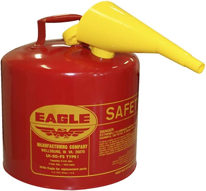 UI-50-FS Red Galvanized Steel Type I Gasoline Safety Can with Funnel, 5 Gallon Capacity, 13.5