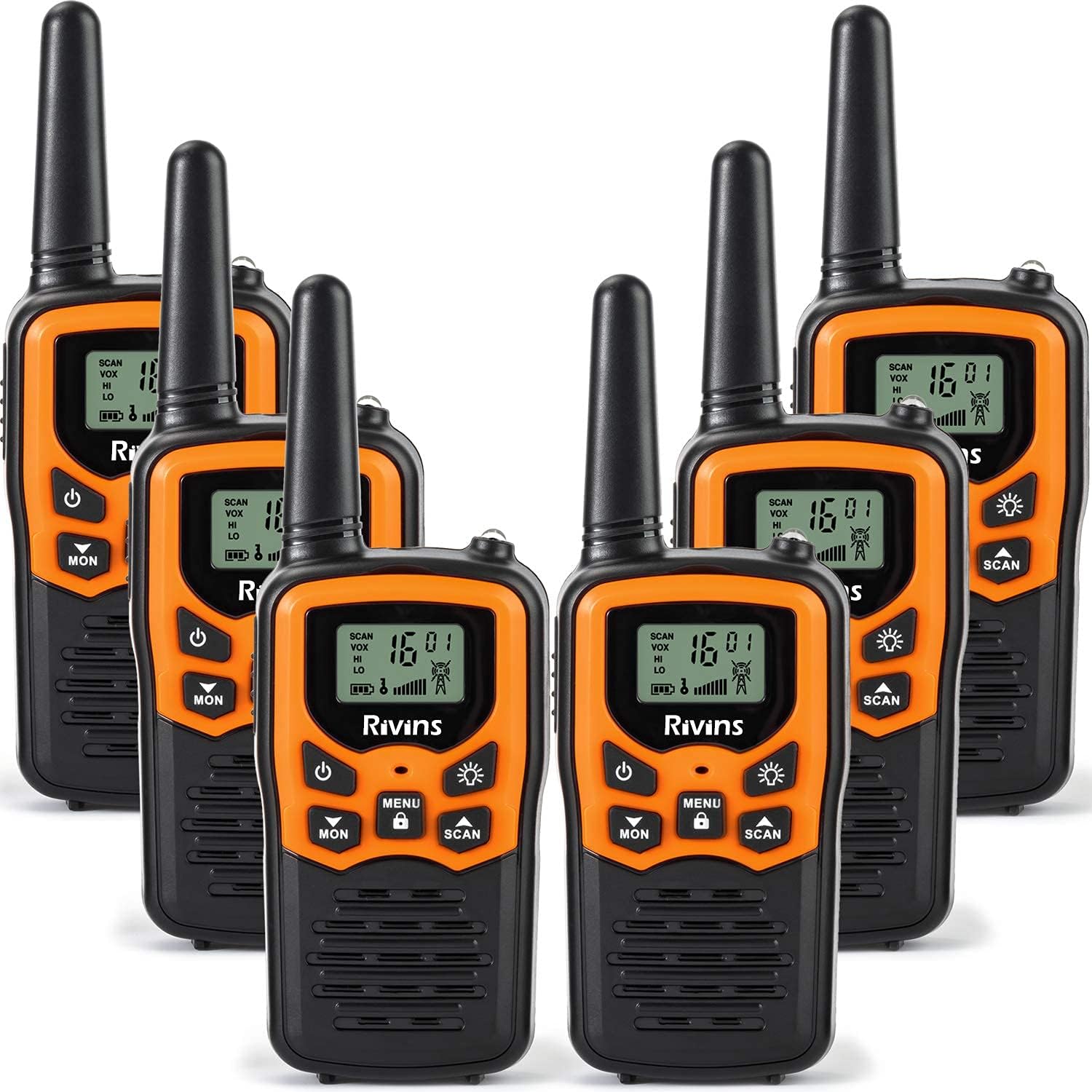 Rivins RV-7 Walkie Talkies for Adults 6 Pack 2-Way Radios 22 Channel FRS Walkie Talkies UHF Handheld Walky Talky (Black/Orange) Pack of 2