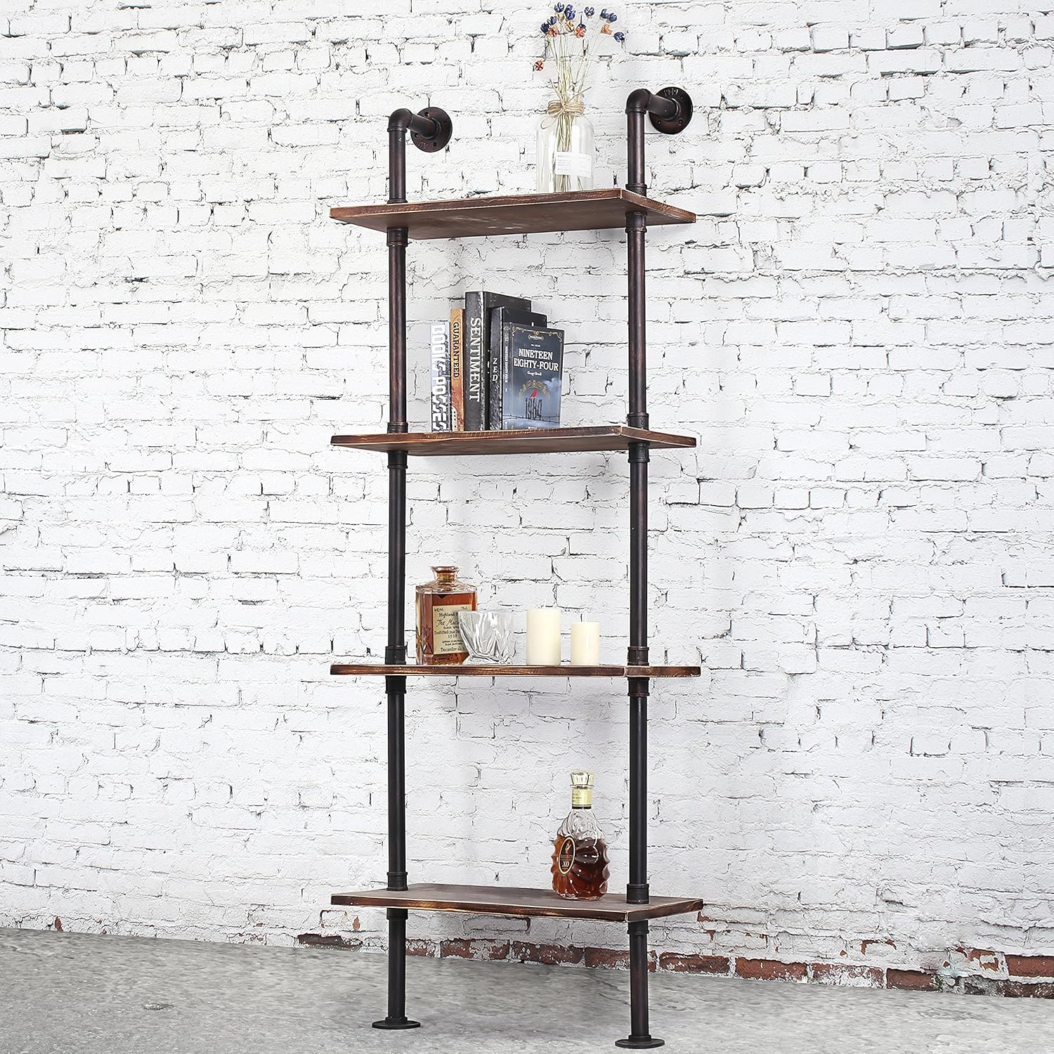 MyGift 4-Tier Brown Wood & Industrial Style Metal Pipe Wall-Mounted 26-Inch Wide Shelves/Bookcase Utility Storage Rack
