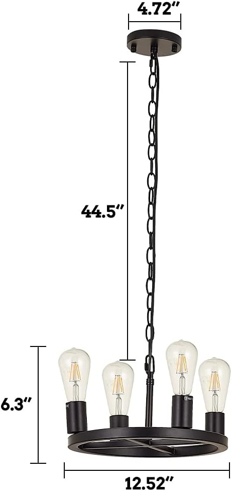 Tsiwgy Black Wheel Farmhouse Pendant Light with 4-Light Diam 12.52 inch, Retro Industrial Chandelier, Rustic Lighting Fixtures for Kitchen Island Dining Room, Hallway and Entryway