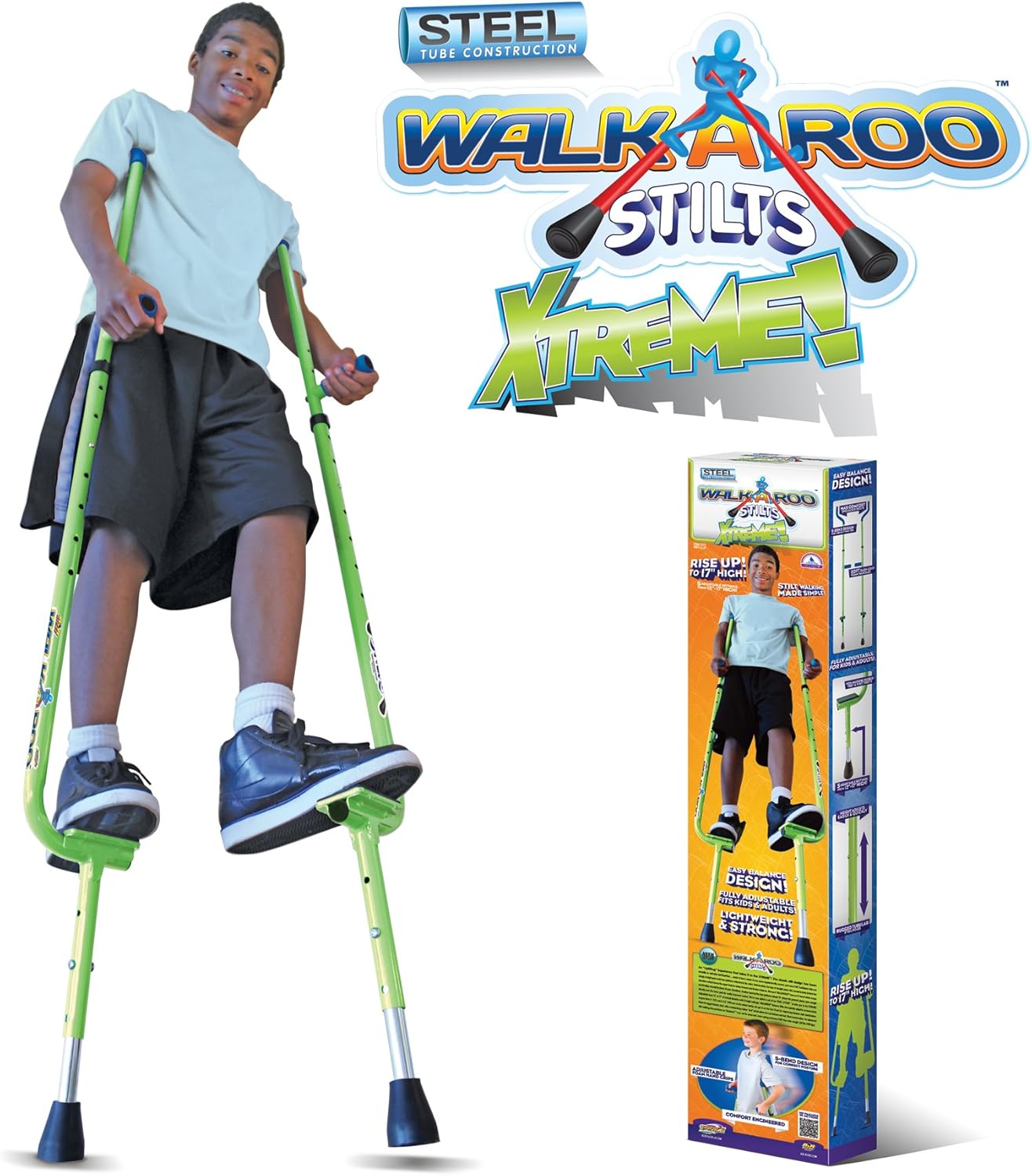 Geospace Original Walkaroo Xtreme Steel Balance Stilts with Height Adjustable Vert Lifters by Air Kicks (Black) Pack of 2
