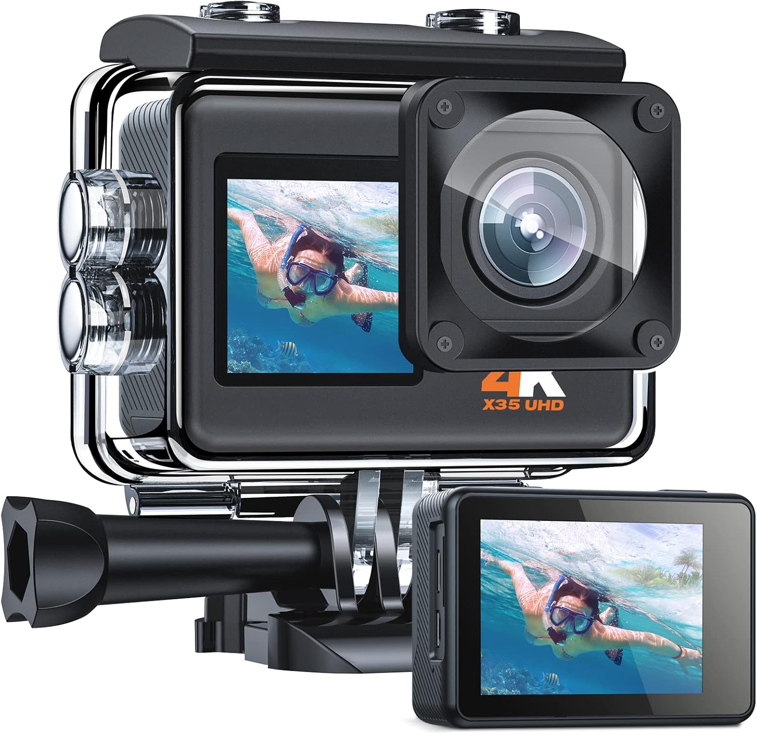 Action Camera 4K 24MP Dual Screen, 170° Wide Angle 4X Zoom PC Webcam Sports Camera WiFi Underwater Waterproof Camera 40M with EIS, 2 Batteries and Mounting Kits