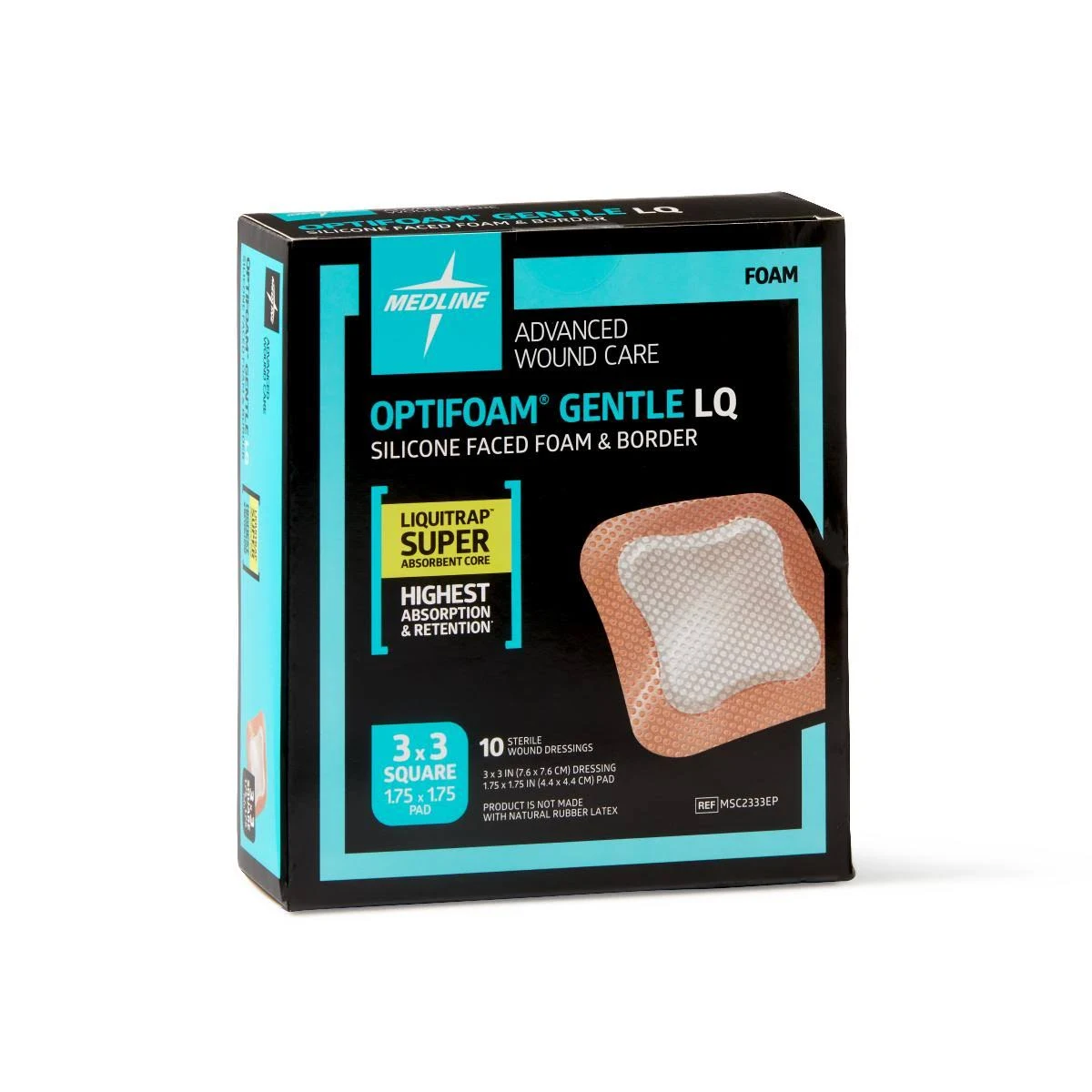 Medline Optifoam Gentle Silicone Faced Foam and Border Dressing with Liquitrap Core,100/Case,Msc2333Ep