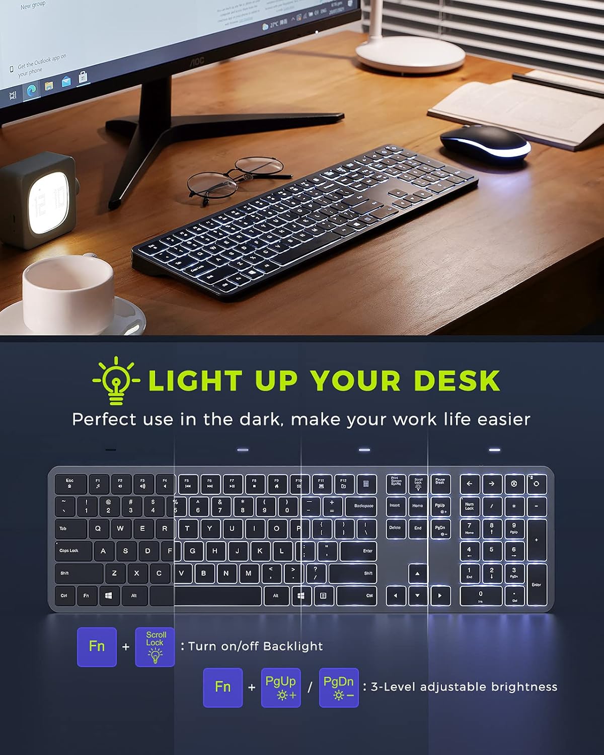 Backlit Wireless Keyboard and Mouse Combo, seenda Rechargeable 2.4G USB Cordless Illuminated Keyboard & Mouse, Ultra Slim Full Size Computer Keyboard and Mouse for Windows 7/8/10 Laptop Desktop PC Pack of 2