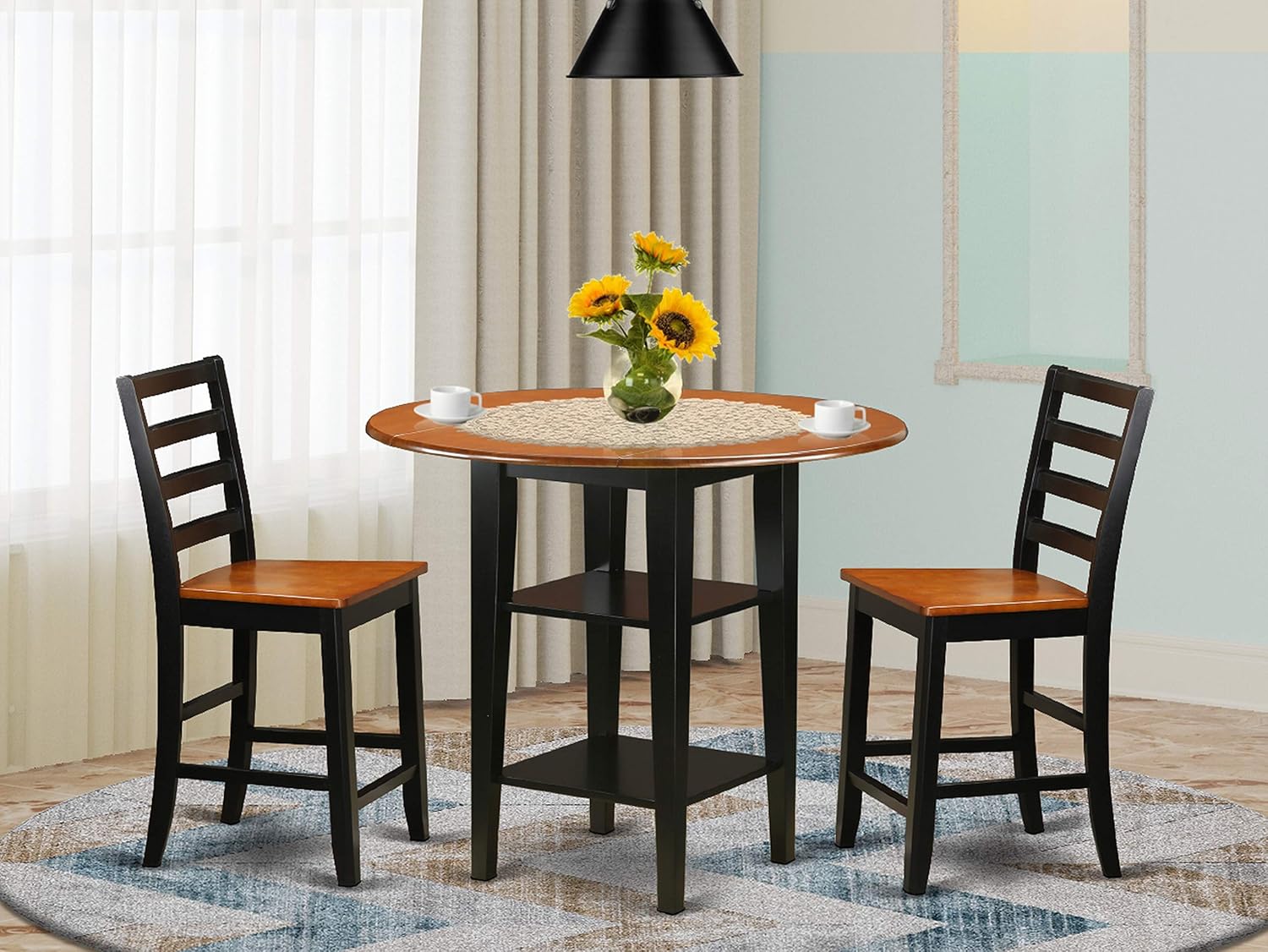 5 Piece Sudbury Set With One Round Counter Height Dinette Table And 4 Ladder Black Dinette Stools With Wood Seat In A Elegant Black and Cherry Finish.