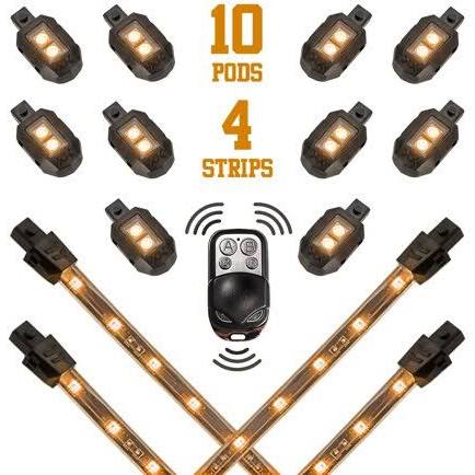 2nd Gen Red 10 Compact Pod 4 Flex Strips Motorcycle Engine Ground Neon Accent Light Kit with 4-Key Remote