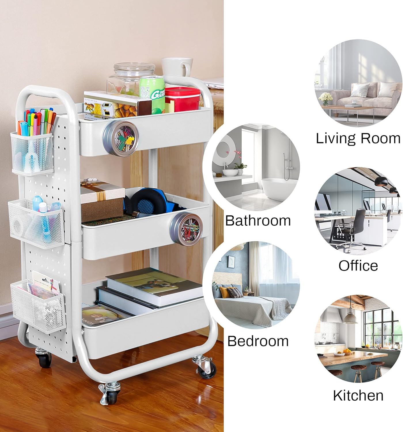 DESIGNA 3-Tier Rolling Cart, Utility Cart with Handle, Extra 3 Storage Accessories, Removable Pegboard, Easy Assembly Craft Carts for Kitchen, Bathroom, Office, Metal, White