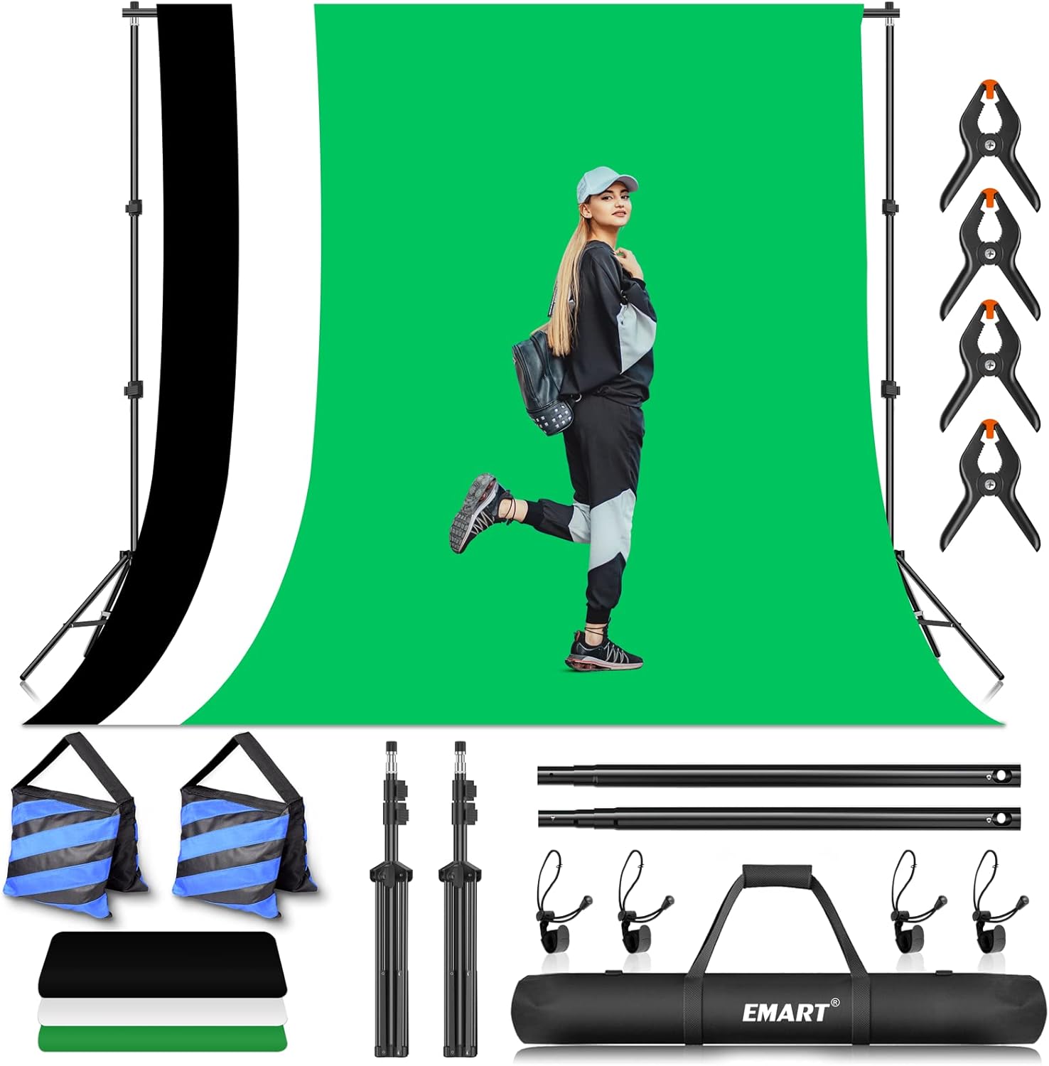 EMART Photo Video Studio Backdrop Stand Kit, 7&times;10ft Adjustable Photography Support System with Polyester Background(Black/White/Green Screen) , Spring Clamps and Carry Bag for Photoshoot