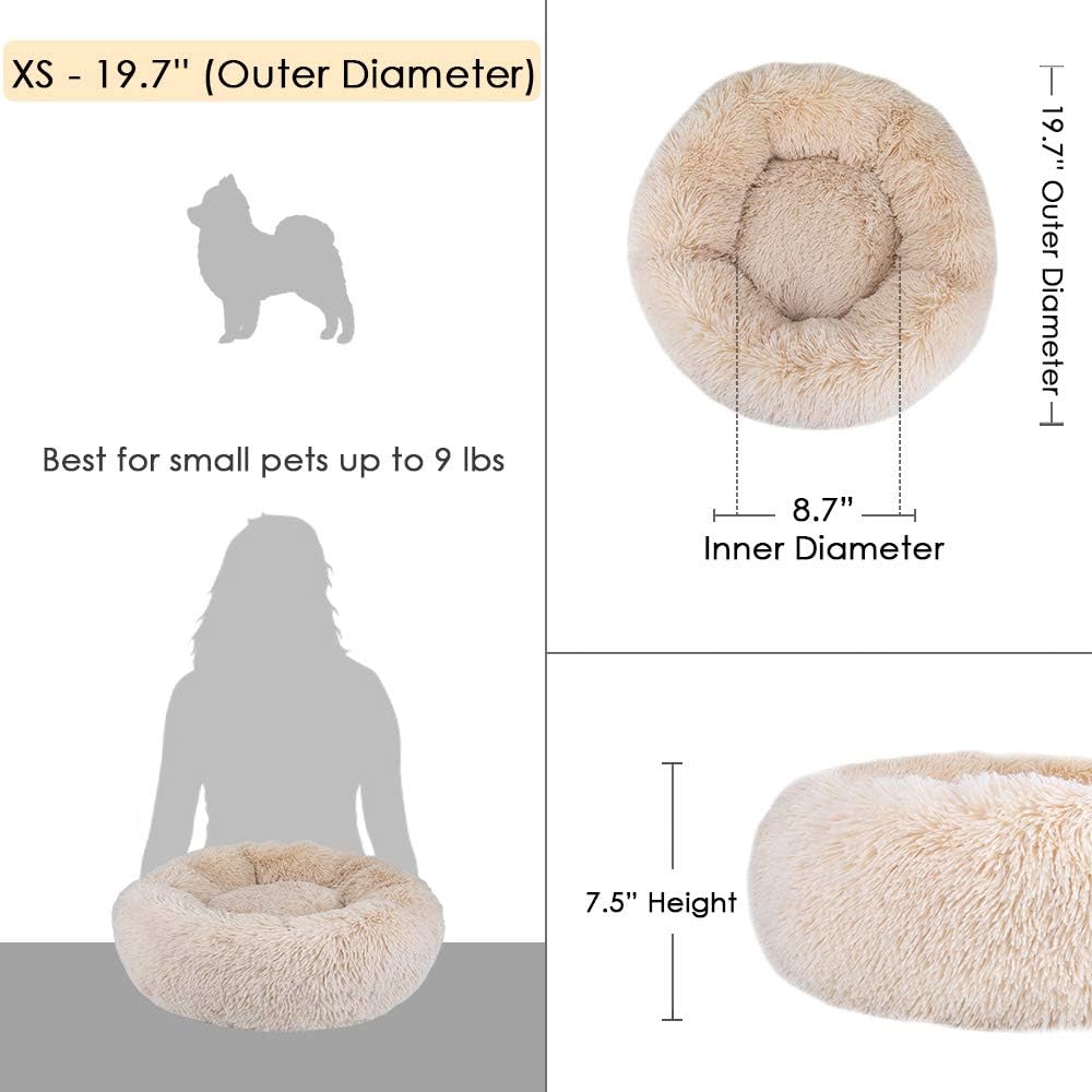 AutoWT Dog Bed, Donut Dog Bed Cat Beds Cuddler Nest Soft Plush Dog Cat Cushion with Cozy Sponge Non-Slip Bottom for Small Medium Pets Snooze Sleeping Indoor, Machine Washable (S - 19 inch, Khaki)