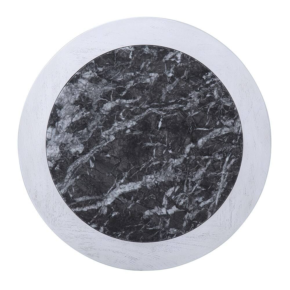 Sleeplanner Black Natural Marble Round Solid Wood Side Table, Brown