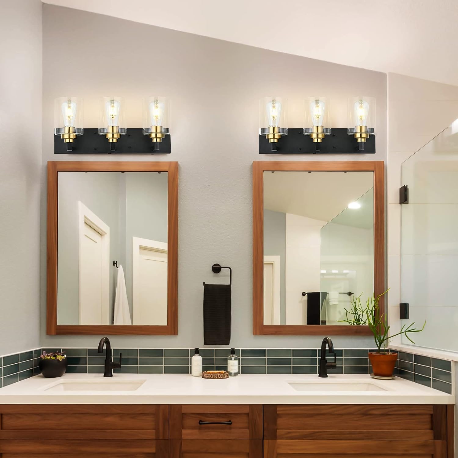 Bathroom Vanity Lights, 3-Light Vintage Wall Sconce Light Fixtures, Powder Coated Black Finish with Clear Glass for Indoor Hallway Living Room