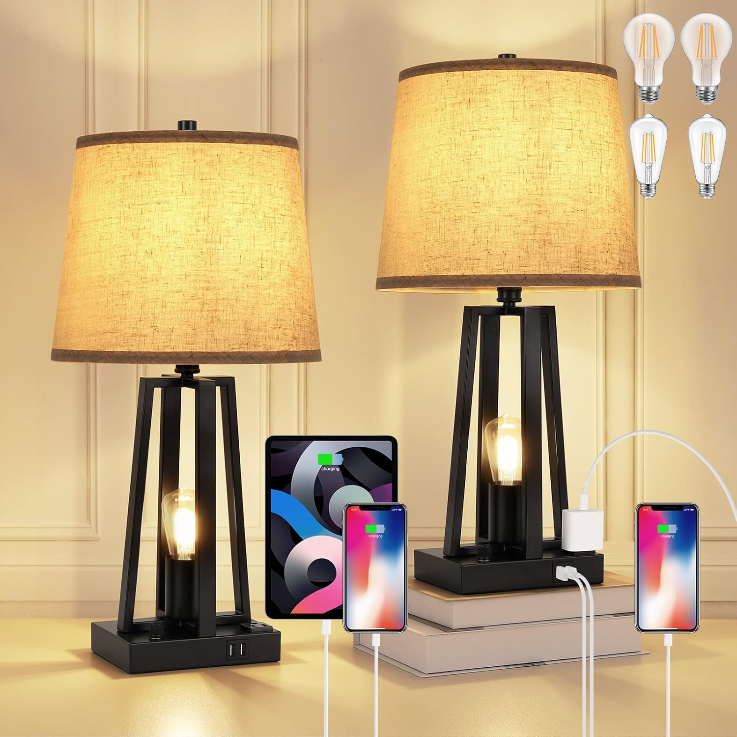 Fully Dimmable Bedside Table Lamps Bedside Lamps with 2 USB Ports Nightstand Lamps with AC Outlet Farmhouse Table Lamps for Bedroom Set of 2, Bedroom Lamps for Nightstand Set of 2, Bulbs Included