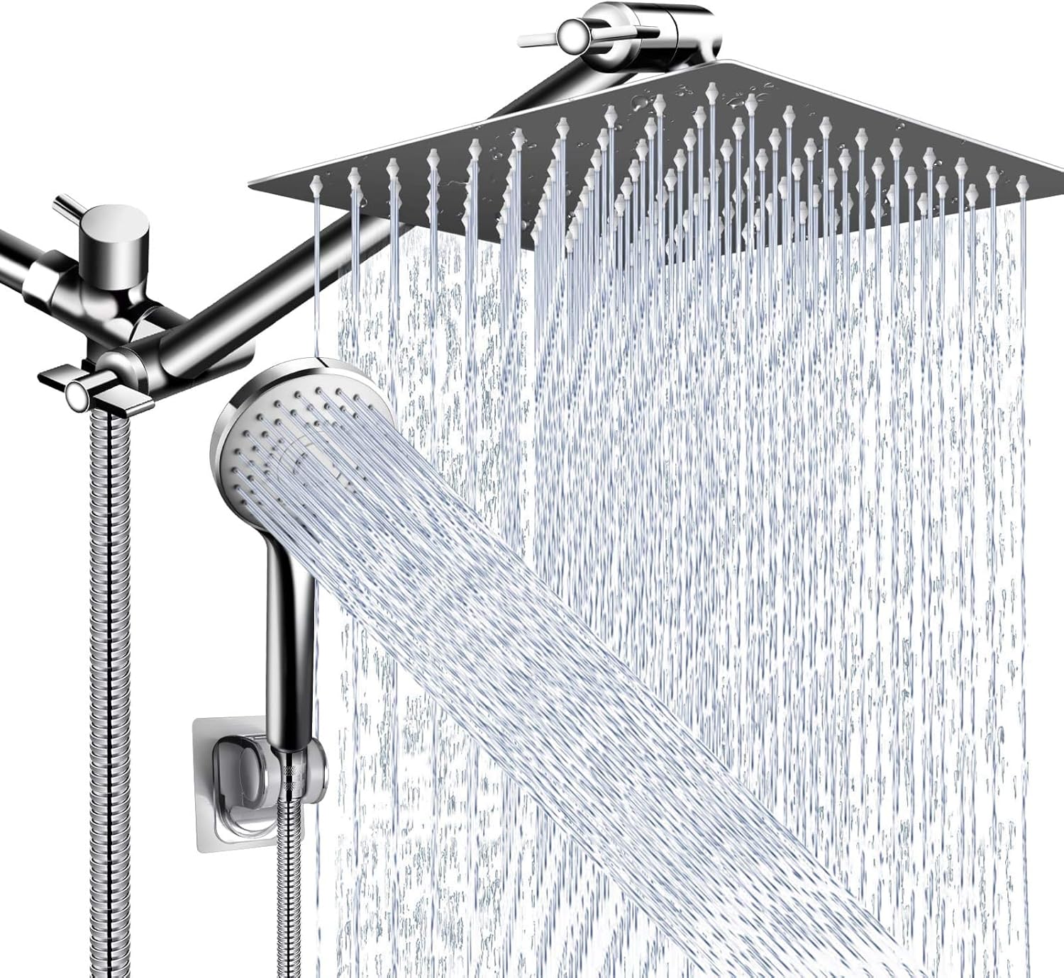 Shower Head Combo,10 Inch High Pressure Rain Shower Head with 11 Inch Adjustable Extension Arm and 5 Settings Handheld Shower Head Combo,Powerful Shower Spray Against Low Pressure Water with Long Hose Pack of 2