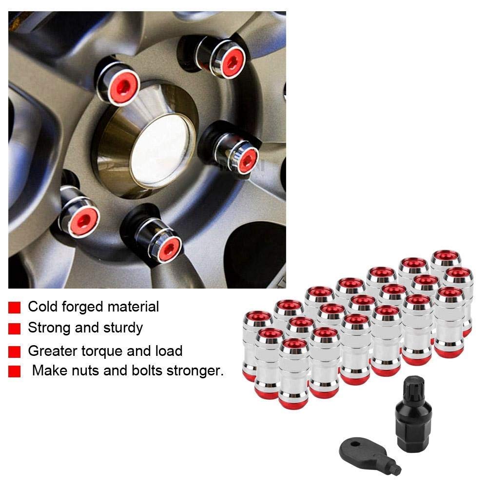 Qiilu M12x1.5 Lug Nuts, 20 PCS Wheel Lug Nuts Car Racing Lug Wheel Nuts Screw with Drive Nut Wrench and Allen Hex Wrench Red