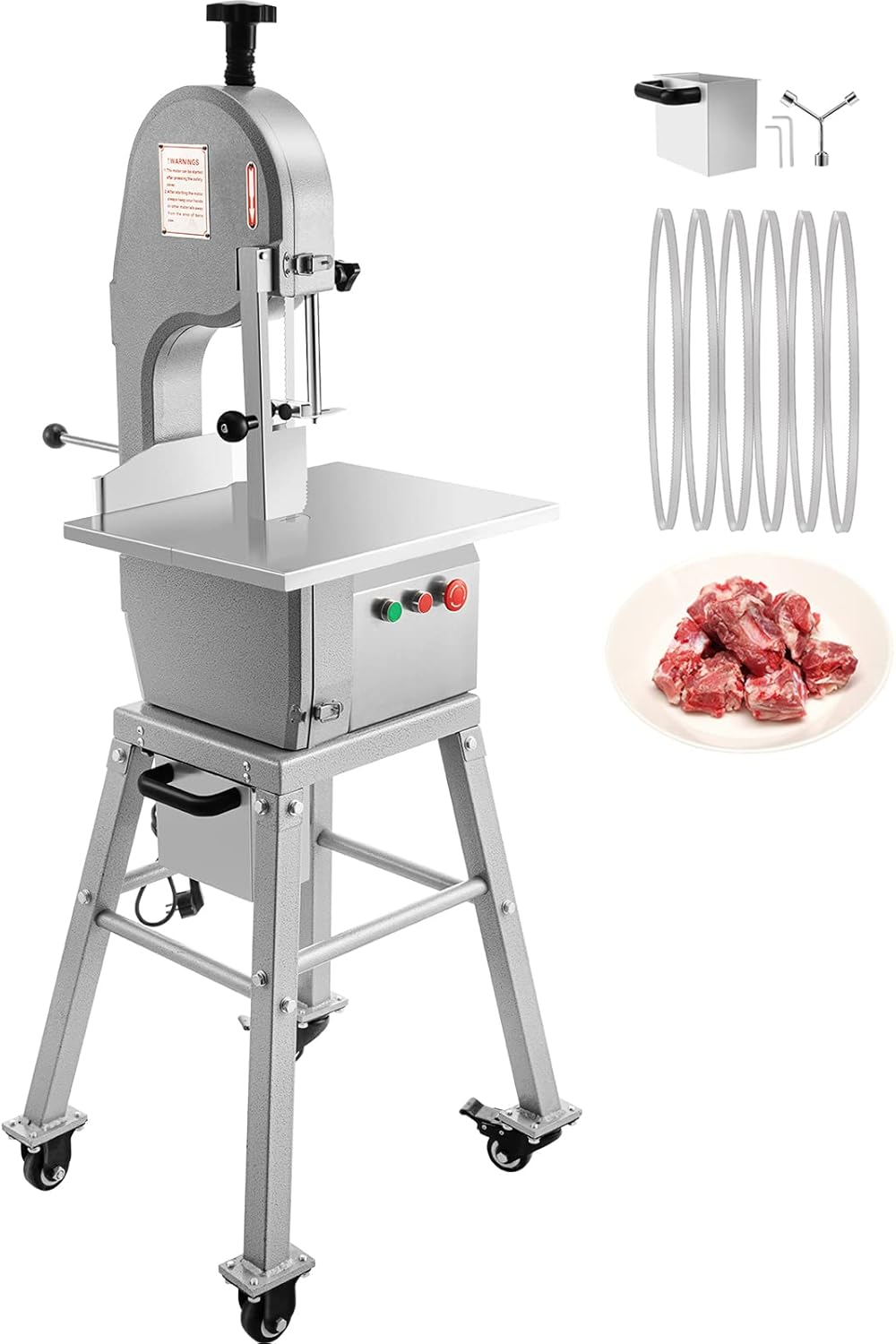 VEVOR 110V Bone Saw Machine 850W Frozen Meat Cutter 1.16HP Butcher Bandsaw Thickness Range 4-180mm Max Cutting Height 220mm Work Table 18.3x14.4inch Sawing Speed 19m/s with 6 Saw Blades & Mobile Base