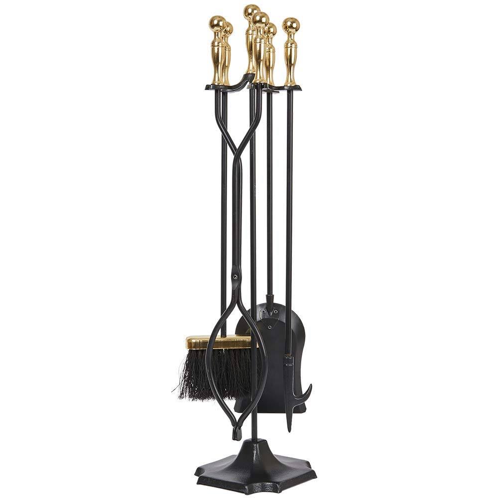 Amagabeli 5 Pcs Large Fireplace Tools Sets Golden Handle Wrought Iron Tool Set