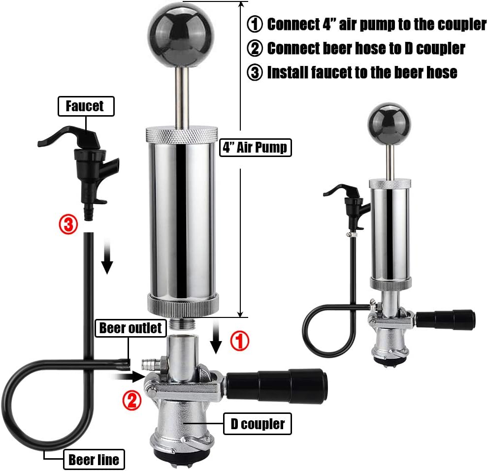 MRbrew Keg Party Pump, American D System Beer Keg Tap Party Pump, 4 Inch Picnic Pump with Black Beer Faucet & Beer Hose, Chrome-Plated Keg Draft Beer Party Pump with 2 Hose Clamps